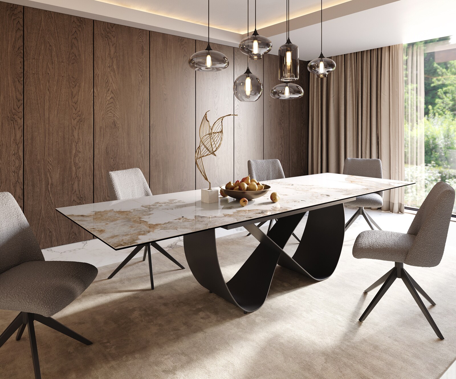 Table à manger Edge 200-300x100 cm Céramique Minas Melange Blanc-Beige Infinity Métal Noir extensible