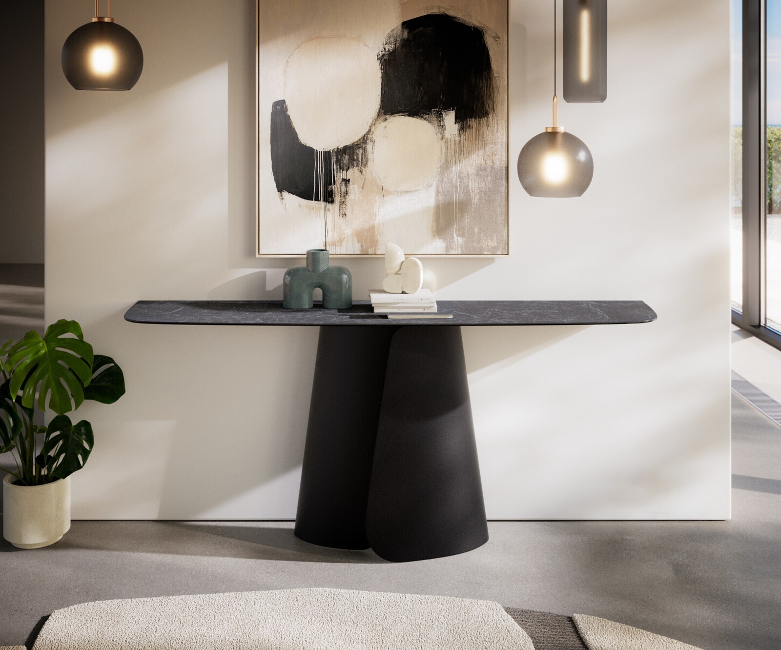 Console Edge forme bateau 180x40 cm Céramique Laminam® Nero Greco Anthrazit Livos Métal Noir 1