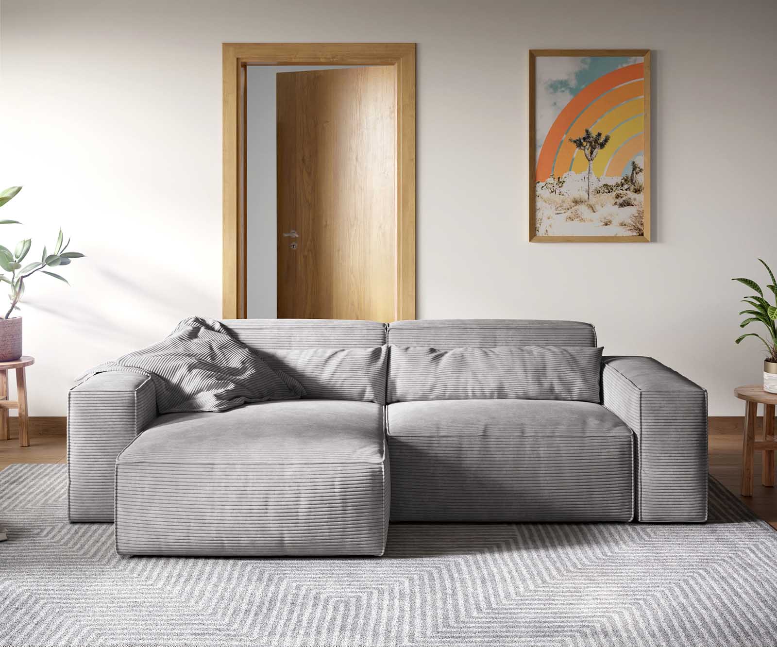 Canapé d'angle Sirpio XL 270x170 cm Velours côtelé Gris argenté Recamiere variable 1