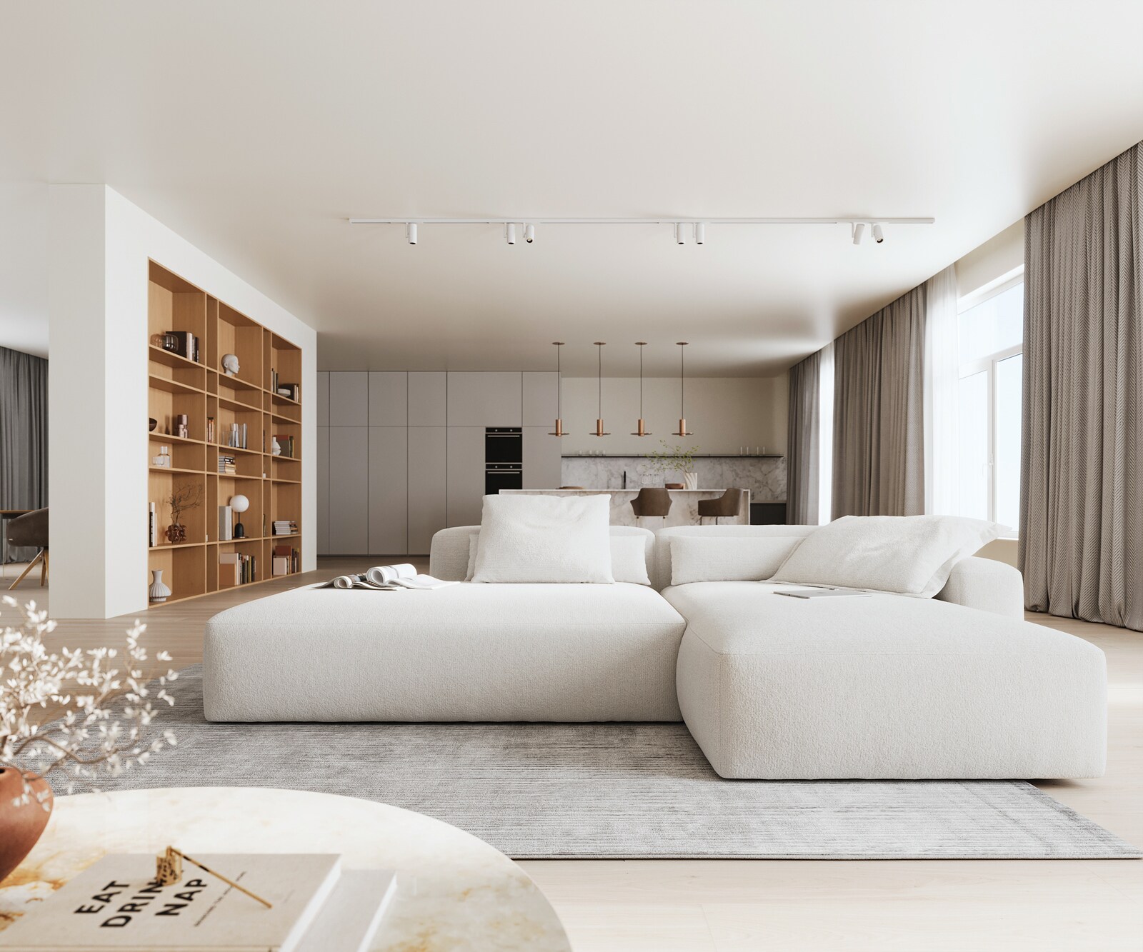 Canapé d'angle Freestyle 310x200 cm Bouclé doux Beige couture plate 1