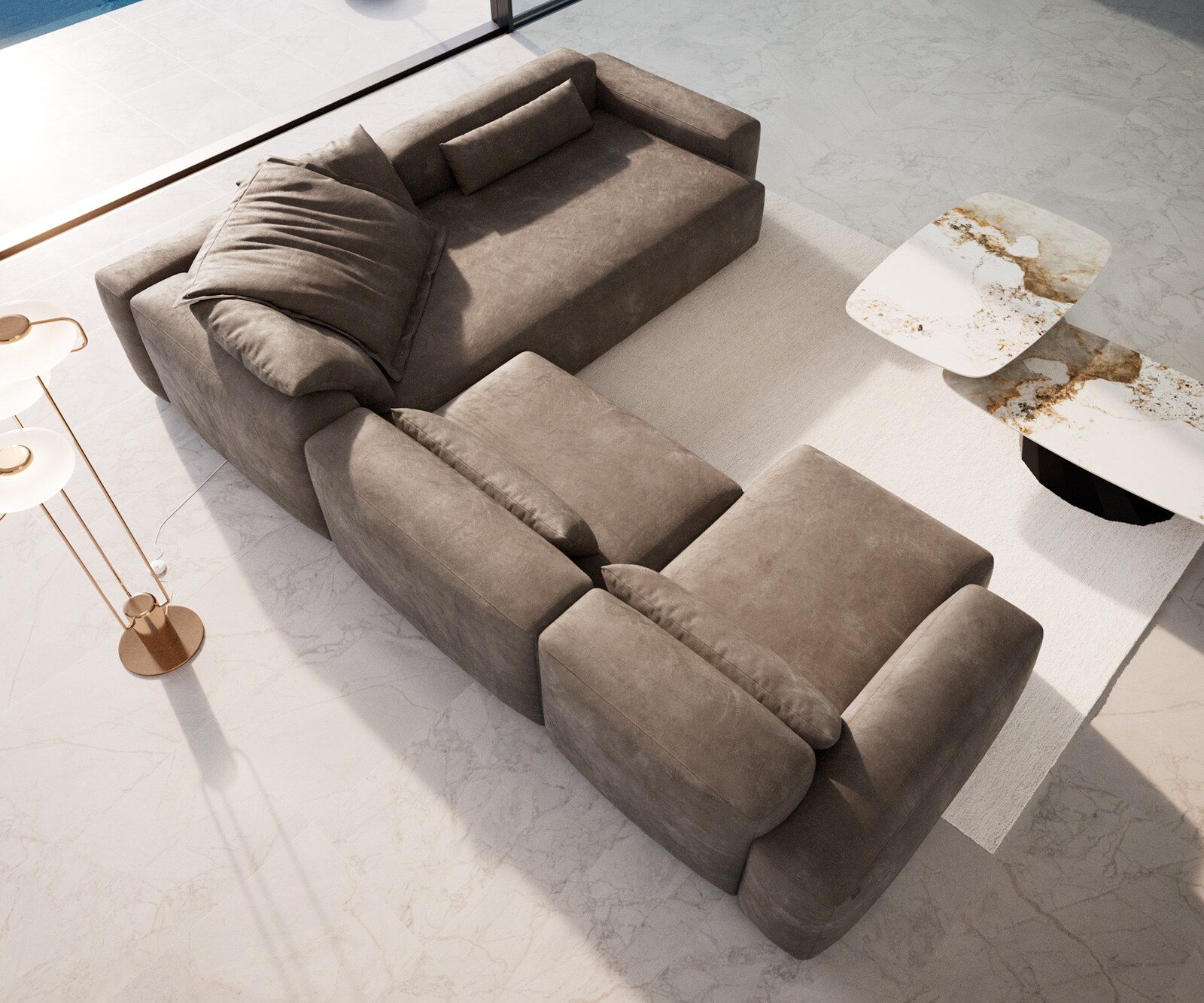 Canapé panoramique Freestyle 360x290 cm Tissu microfibre Taupe Vintage couture plate 3