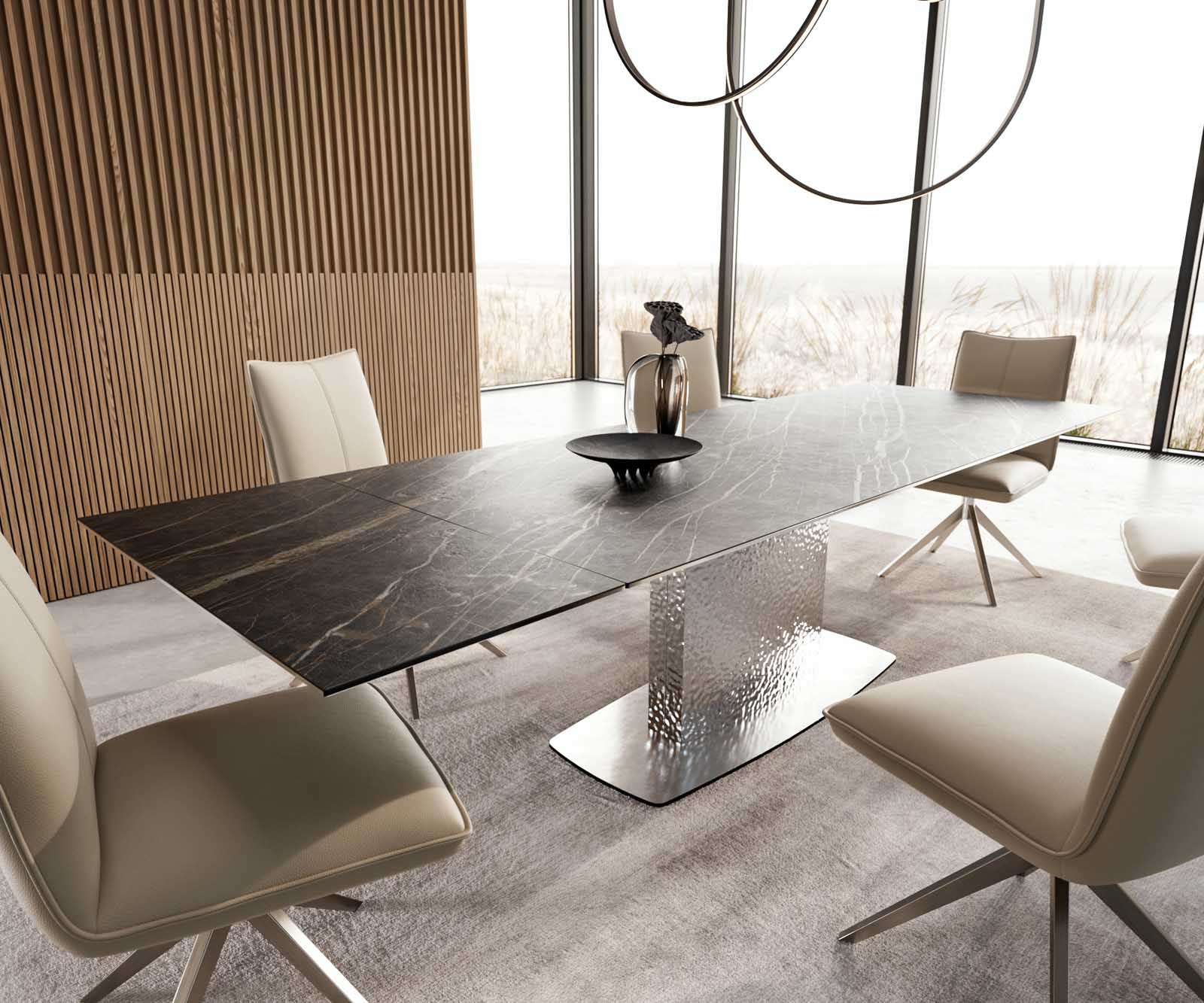 Table à manger Edge 200-300x100 céramique Laminam®Noir Desir marron Wave acier inoxydable extensible 1