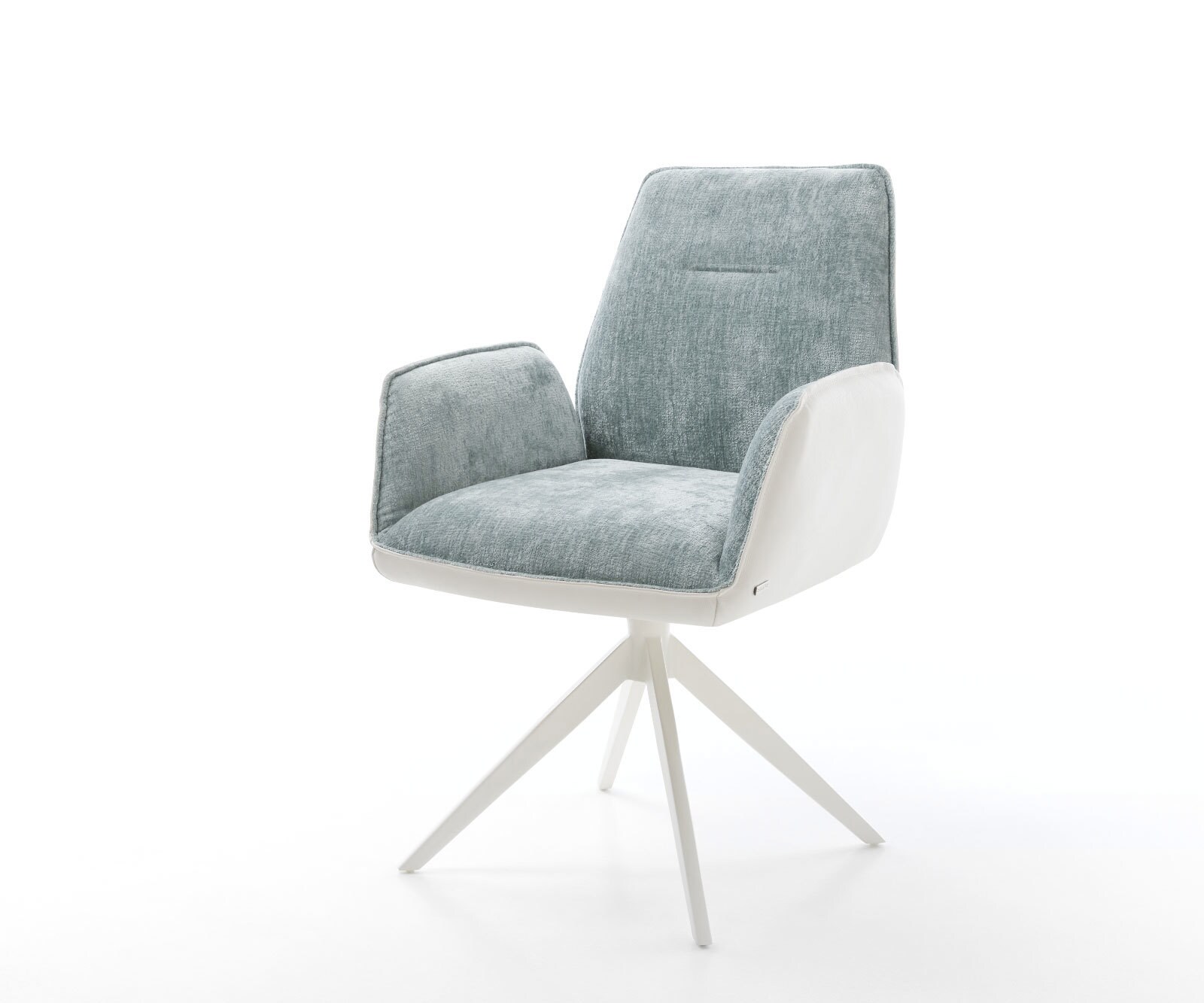 Chaise-pivotante Zoa-Flex tissu mixte cuir de vache blanc-bleu pastel pied croisé large blanc pivotement sur 360° fonction bascule ressorts ensachés