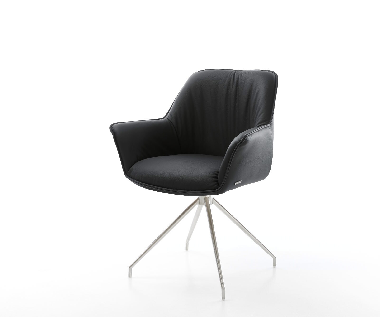 Chaise-de-salle-à-manger Keila-Flex avec accoudoirs cuir de vache noir pied croisé conique acier inoxydable brossé