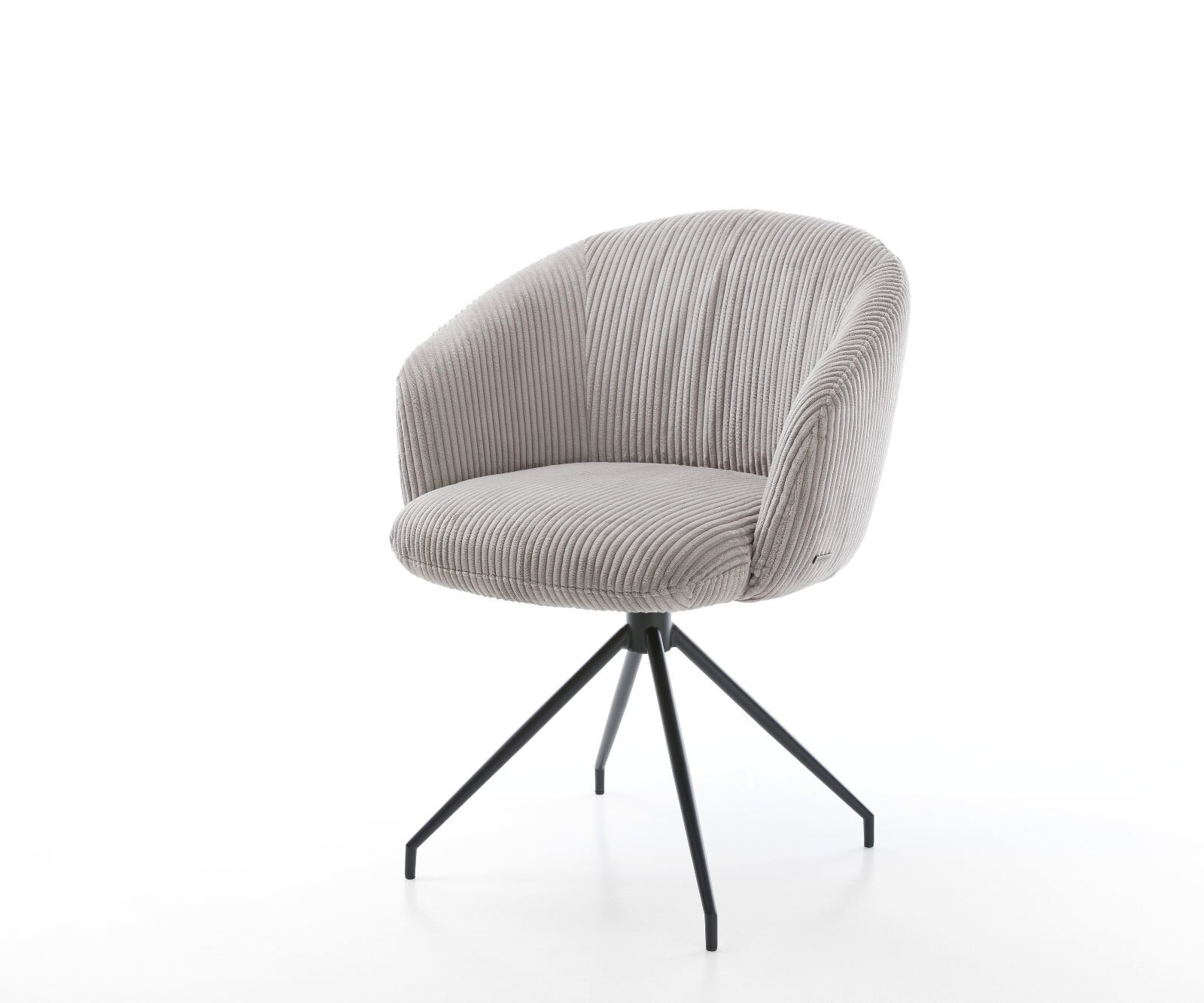 Chaise-pivotante Caja-Flex avec accoudoirs côtelé gris argenté pied croisé conique noir pivotement sur 180° ressorts ensachés