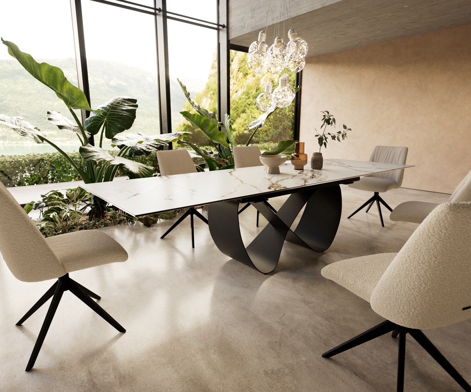 Table à manger Edge 200-300x100 cm Céramique Calacatta Luxe Blanc-Or-Gris Infinity Métal Noir extensible 1