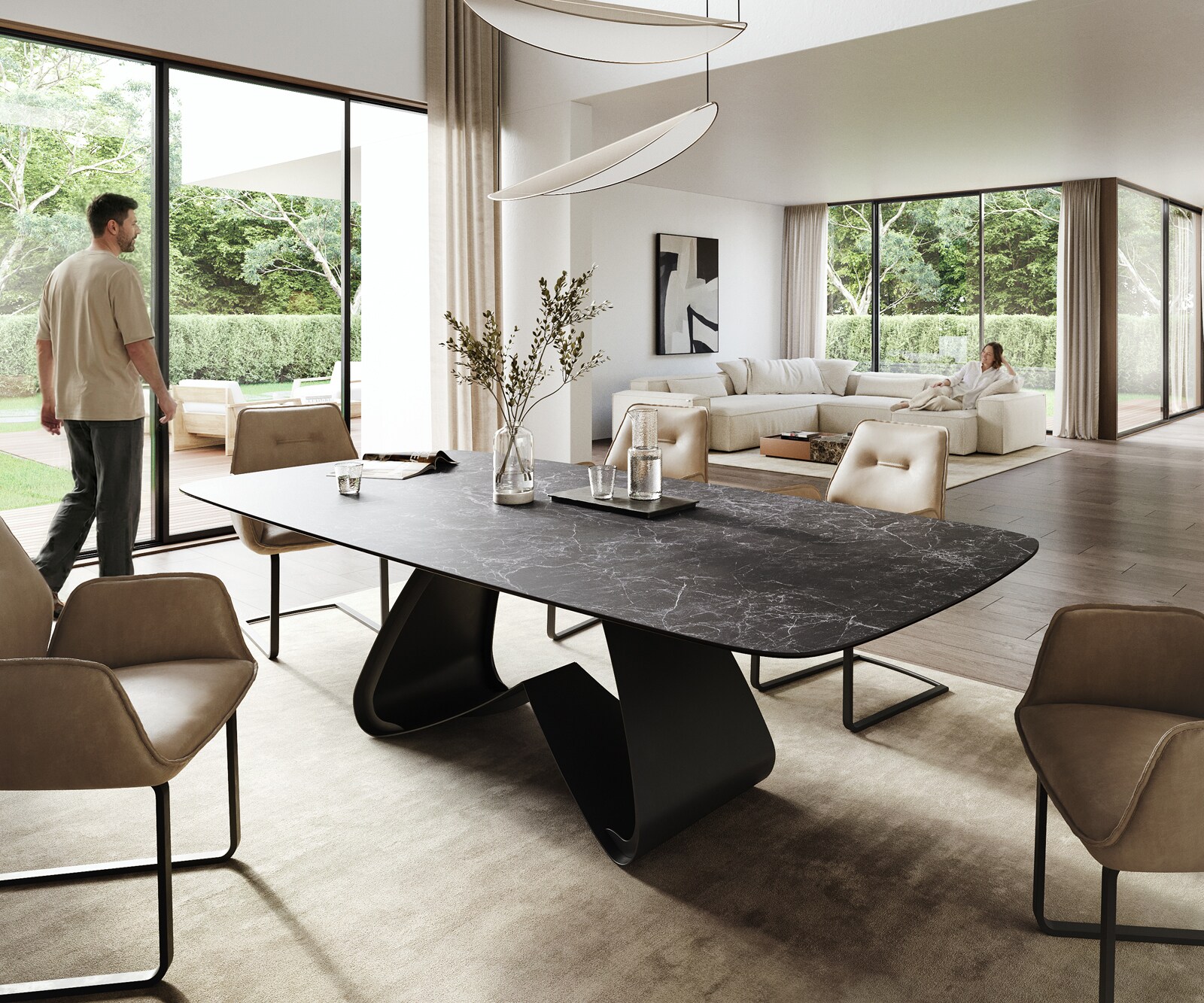 Table à manger Edge Boot 260x120 cm Céramique Laminam® Nero Greco Anthracite piètement en W Métal Noir 1