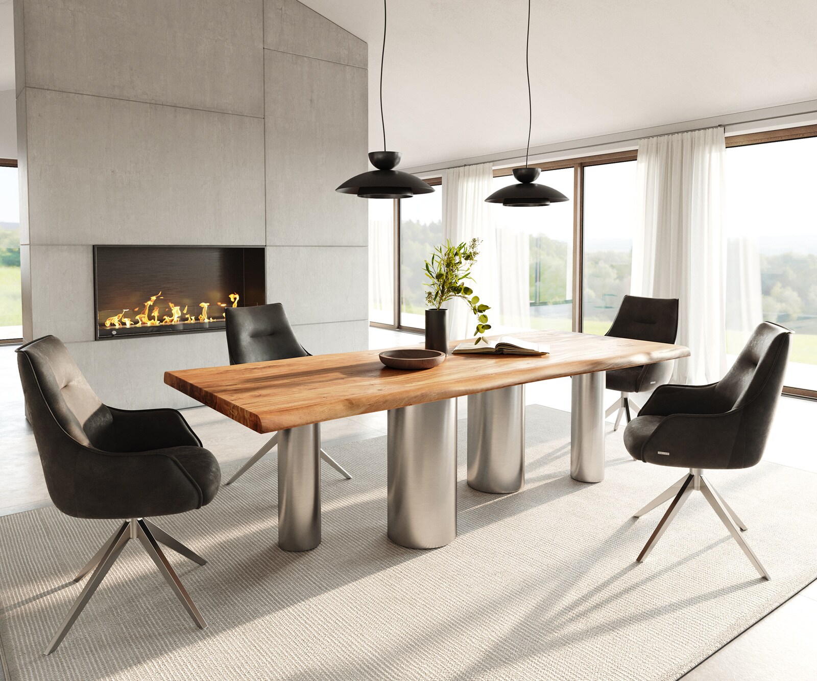 Table à manger Edge 240x100 Acacia Nature Pilier Acier inoxydable brossé Live-Edge 5