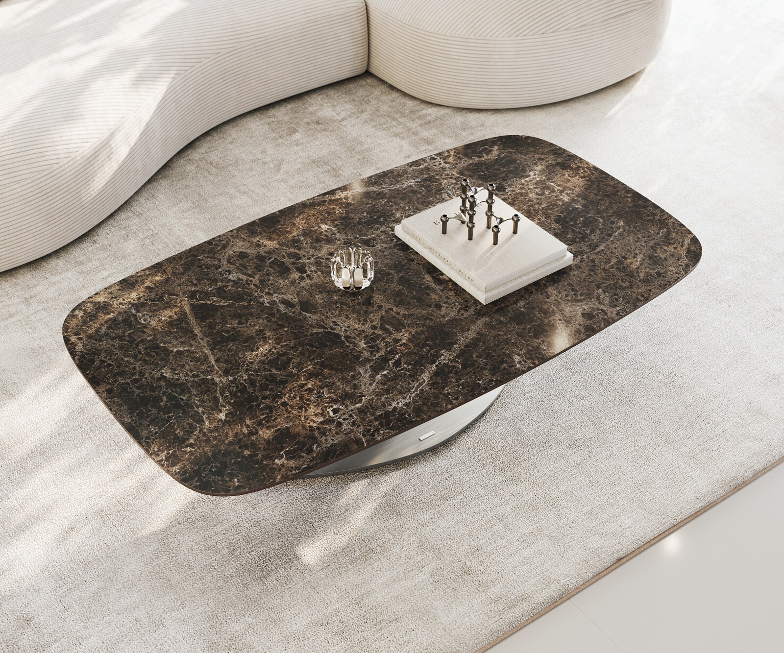 Table basse Edge bateau 140x80 cm céramique Emperador Extra Lucidato brun foncé Vibany acier inoxydable brossé 3