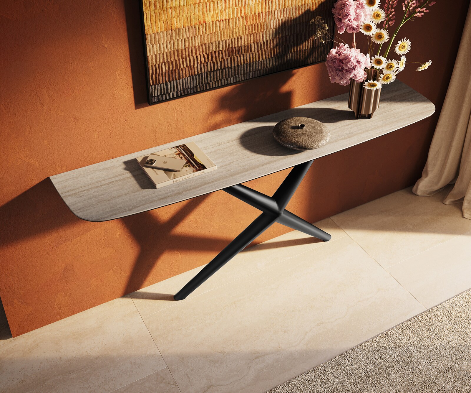 Console Edge forme bateau 180x40 cm Céramique Laminam® Travertino Bianco Creme-Weiß Estelo Métal Noir 4