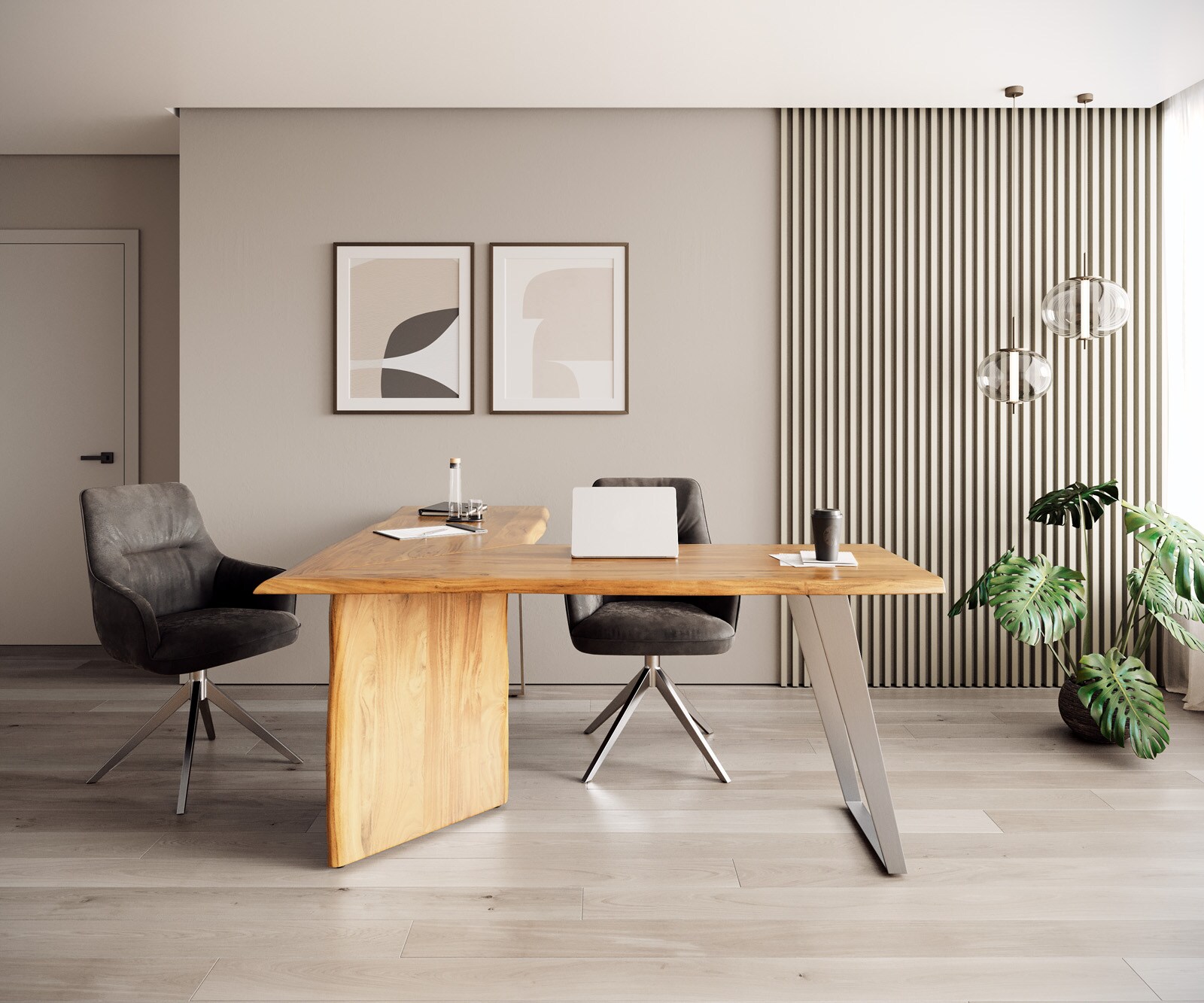 Bureau Live-Edge 170x170 acacia nature cadre gris tronc d'arbre 1