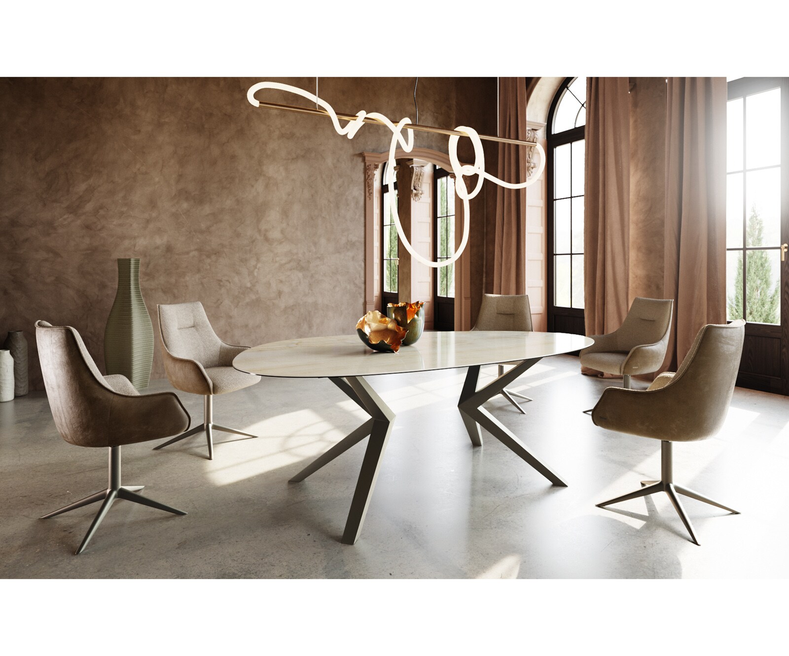 Table à manger Edge Ovale 220x120 Céramique Iris FMG Onice Oro Zenthara anguleux Métal finition à effet Titane 4