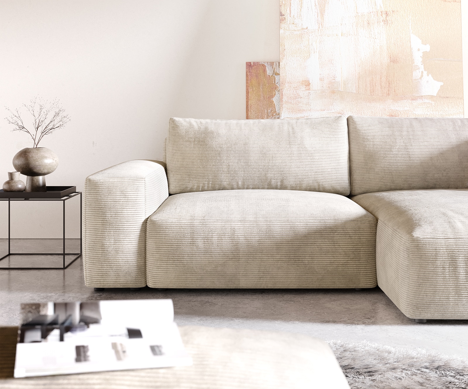 Canapé d'angle Lanzo XL 270x180 cm Velours côtelé Beige Recamière variable avec Tabouret 4 Canapé d'angle Lanzo XL 270x180 cm Velours côtelé Beige Recamière variable avec Tabouret 4