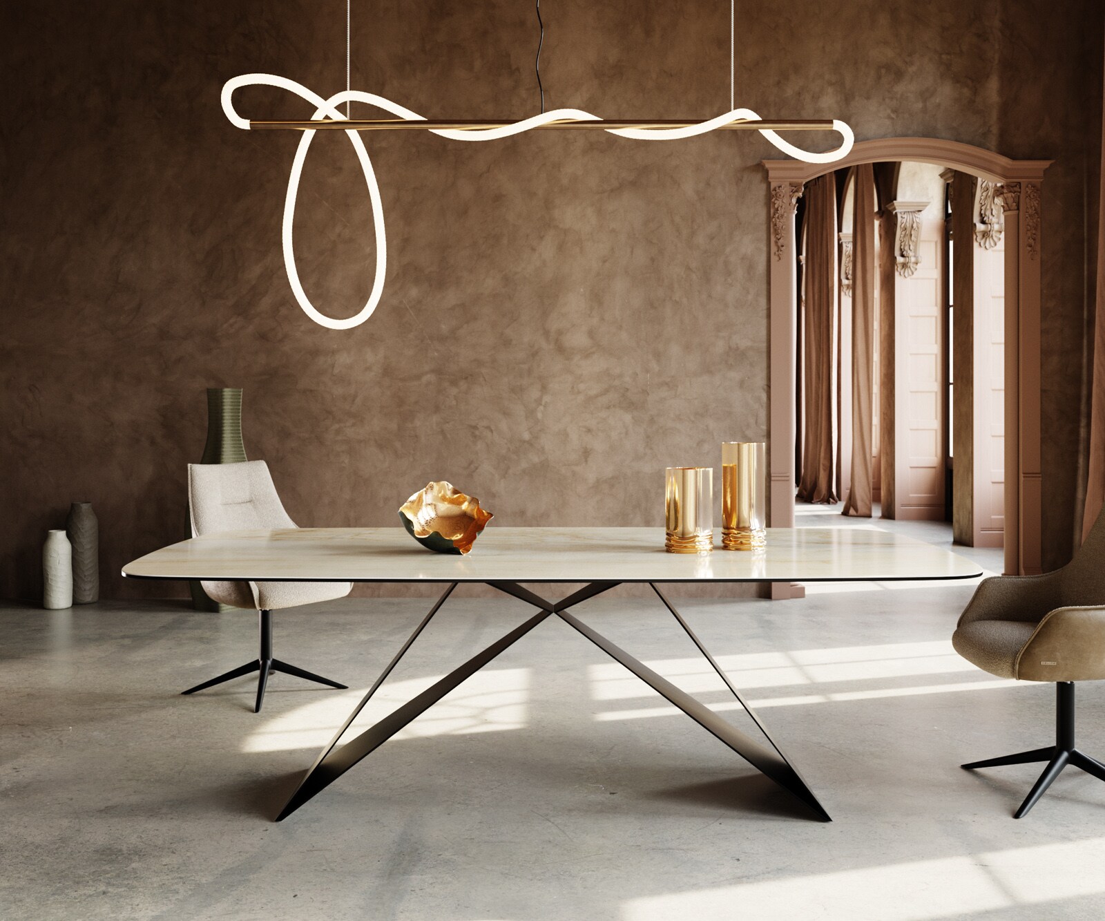 Table à manger Edge Oval 240x120 Céramique Iris FMG Onice Oro Piétement en V Acier plat noir 1