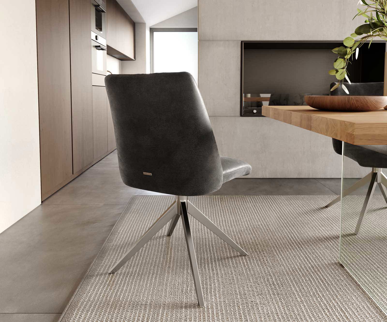 Chaise-pivotante Elso-Flex microvelours anthracite vintage pied croisé large acier inoxydable brossé pivotement sur 360° ressorts ensachés 3