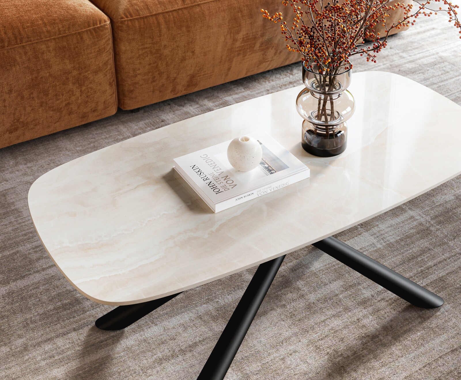 Table basse Edge forme bateau 100x50 cm céramique Onyx Champagne Sarity métal noir 4