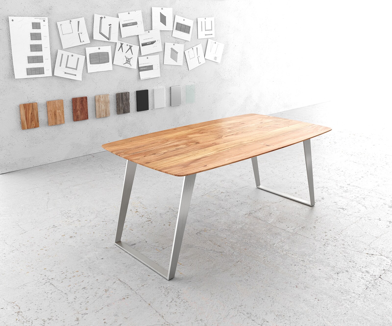 Table à manger Edge Boot 180x90 Acacia Naturel Acier inoxydable inclinéee Bord Suisse