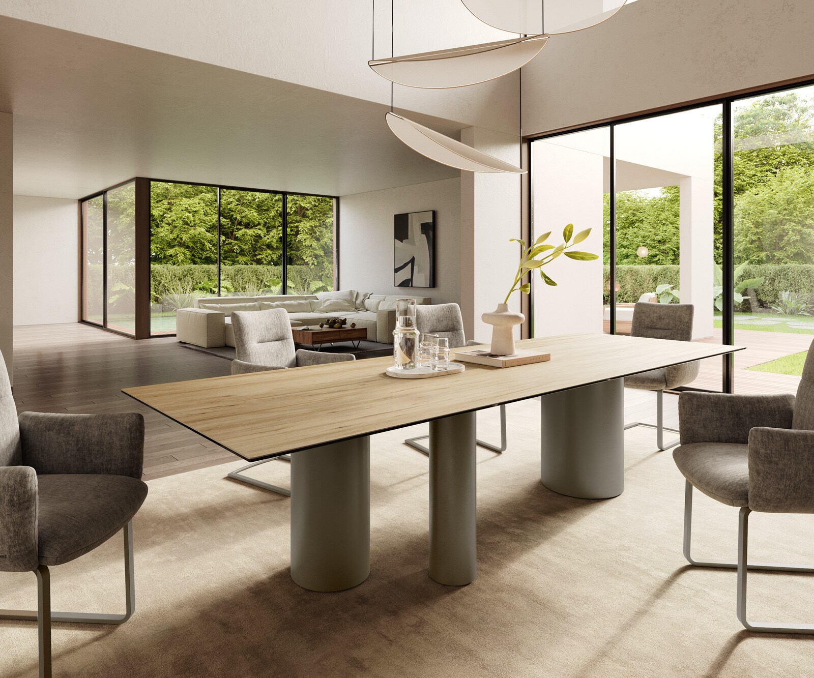 Table à manger Edge 300x100 Céramique Laminam® Sabbia Couleur chêne Troa Métal finition à effet Titane 1