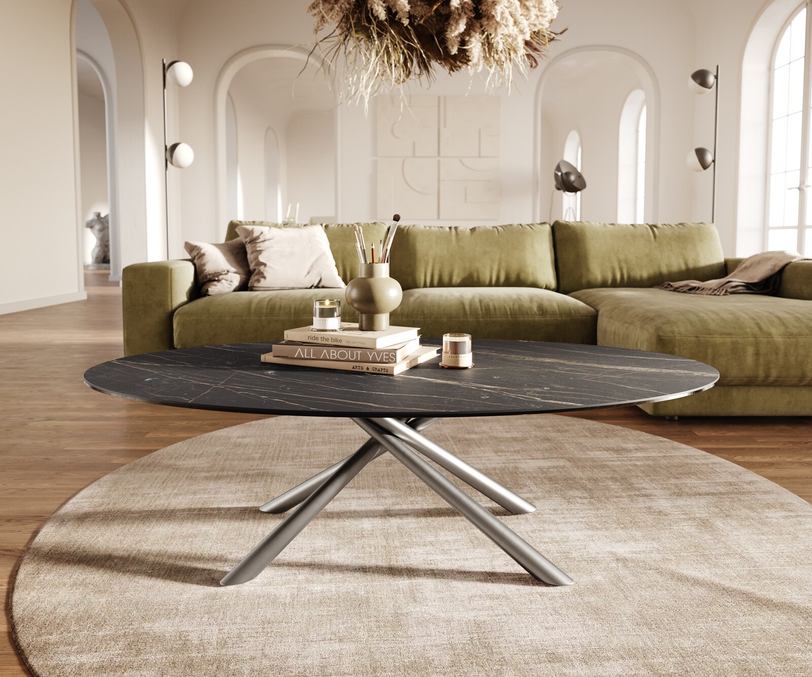 Table basse Edge Oval 140x80 cm céramique Laminam® Noir Desir brun Sarity acier inoxydable brossé 1