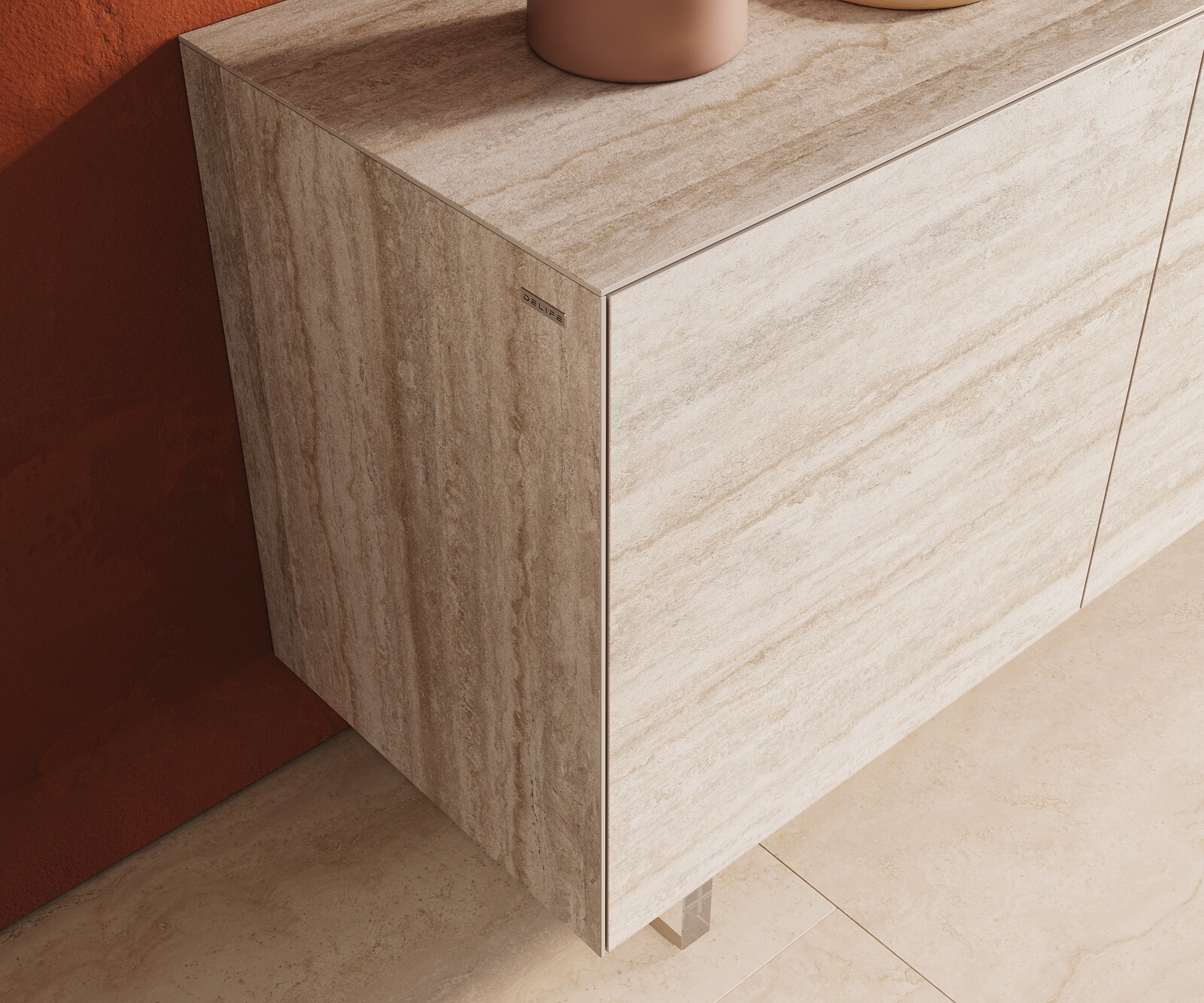 Buffet Cuor 180 cm Céramique Laminam® Travertino Bianco Crème-blanc 2 Portes 3 Tiroirs Pied optique flottant Verre acrylique 6