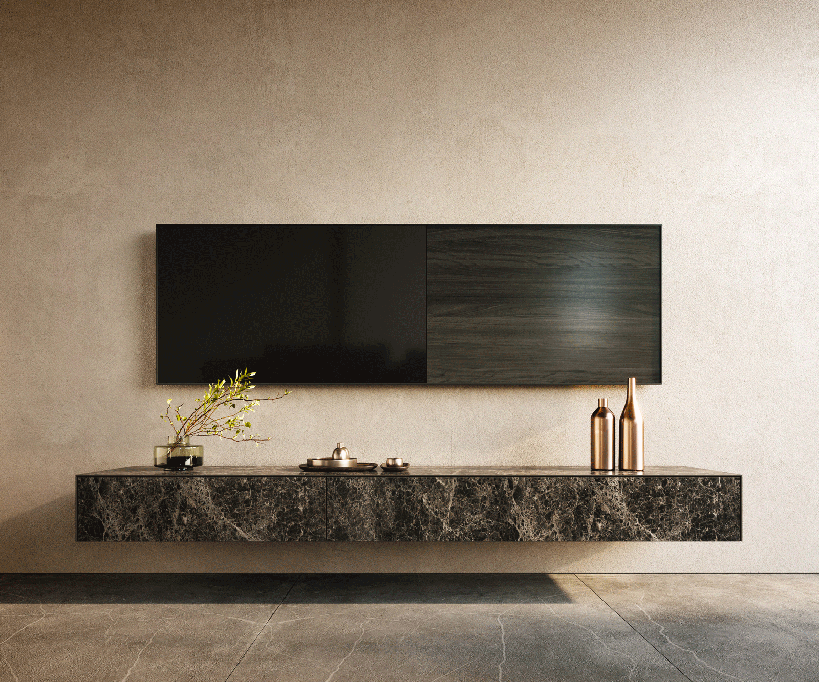 Meuble-TV Cuor 200 cm Céramique Emperador Extra Lucidato brun foncé 1 Clapet 1 Tiroir Flottant 1