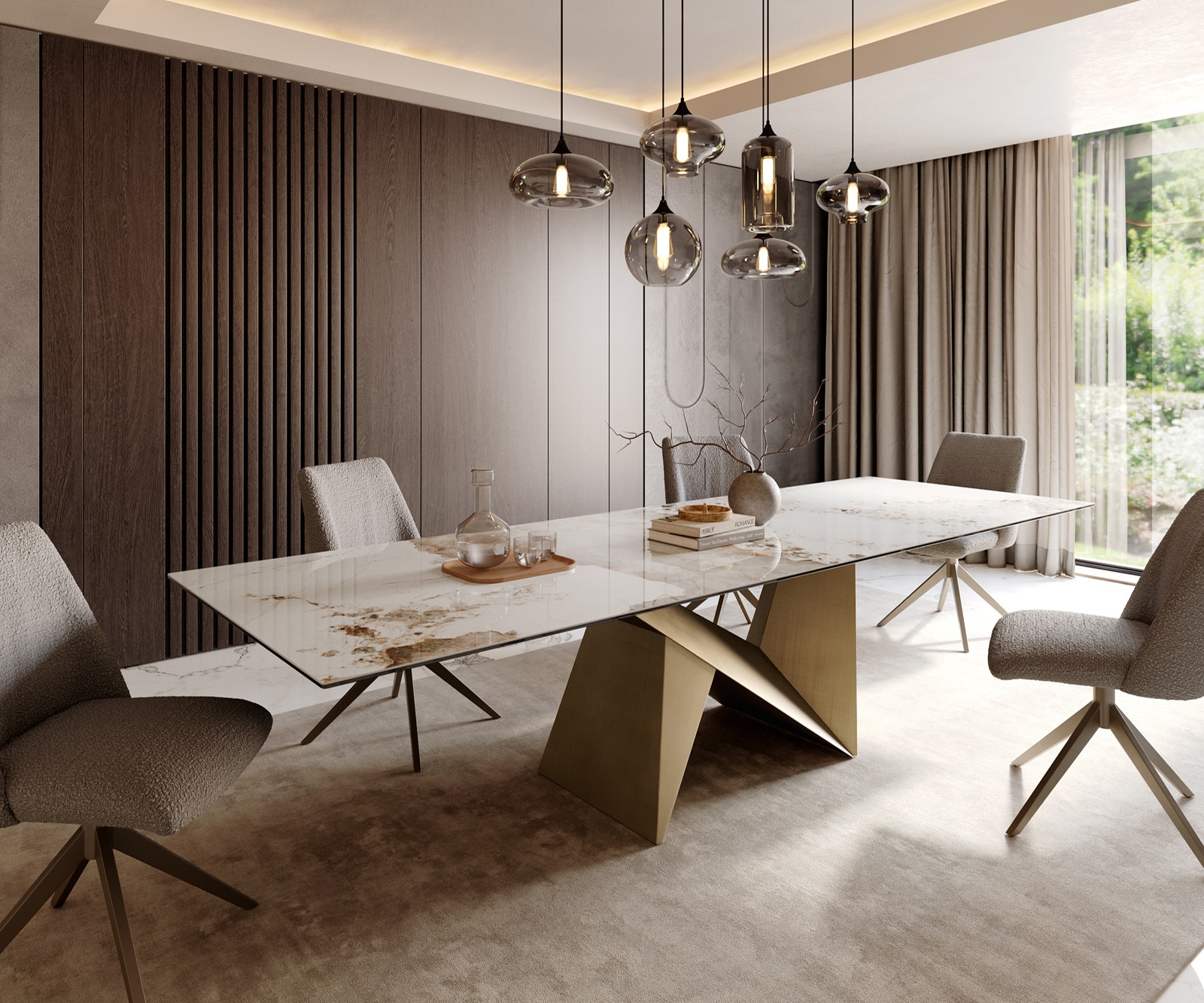 Table à manger Edge 300x100 céramique Minas mélange blanc-beige Origami métallique doré 1