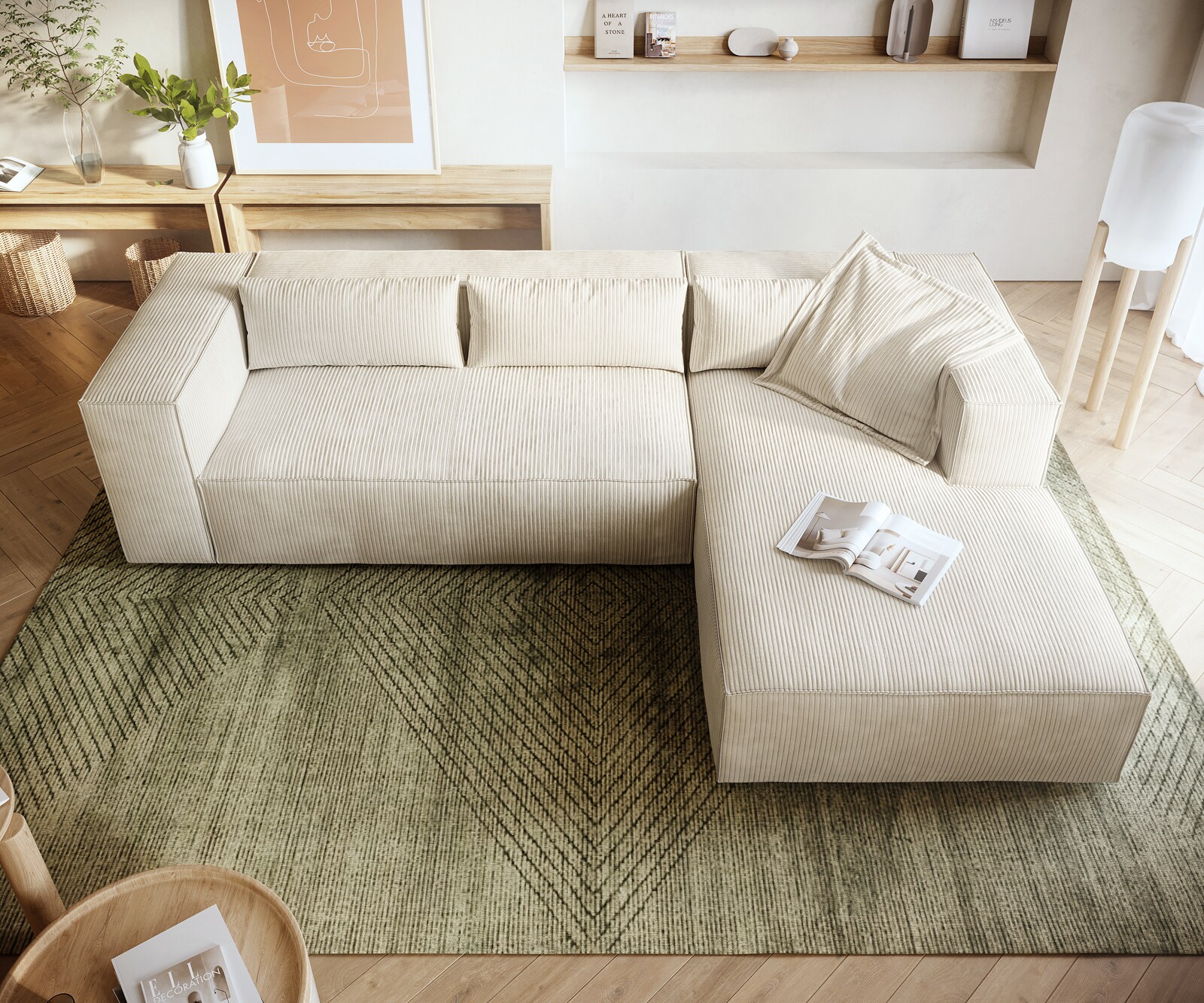 Canapé-d'angle Brom 260 x 175 cm Velours côtelé Beige Recamière à droite 3