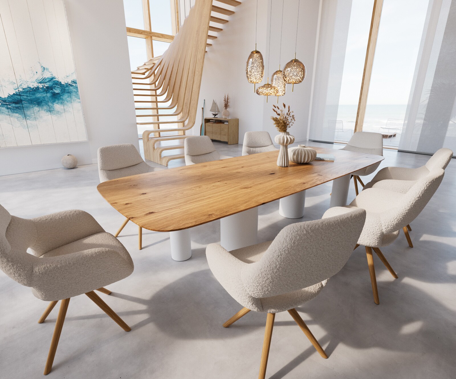 Table à manger Edge Boot 300x120x2,5-3 Chêne Nature Pilier Métal Blanc Bord suisse 5