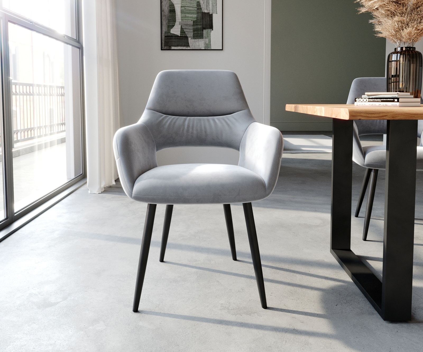 Chaise-de-salle-à-manger Yago-Flex avec accoudoirs velours gris 4 pieds coniques noir ressorts ensachés 1 Chaise-de-salle-à-manger Yago-Flex avec accoudoirs velours gris 4 pieds coniques noir ressorts ensachés 1