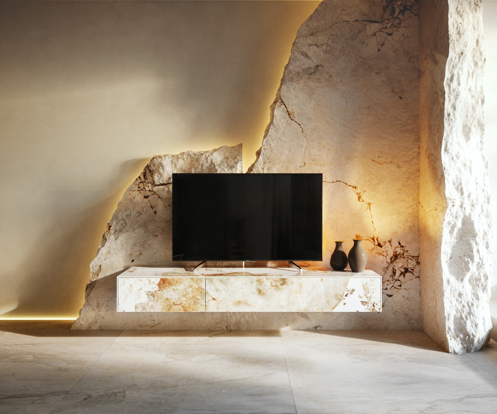 Meuble-TV Cuor 150 cm Céramique Minas Melange Blanc-beige 1 Clapet 1 Tiroir Flottant