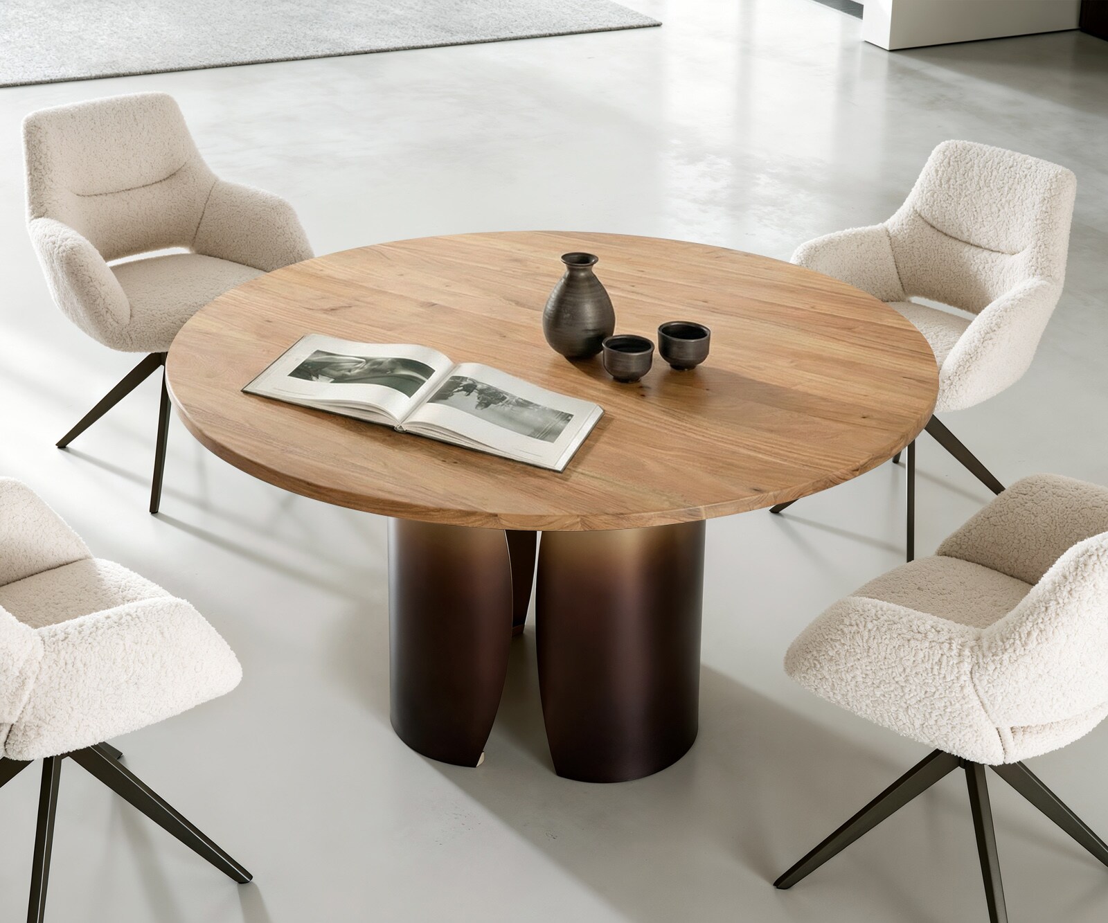 Table-à-manger Adenza ronde 140 x 140 cm Acacia naturel Métal Finition fusion dorée 1