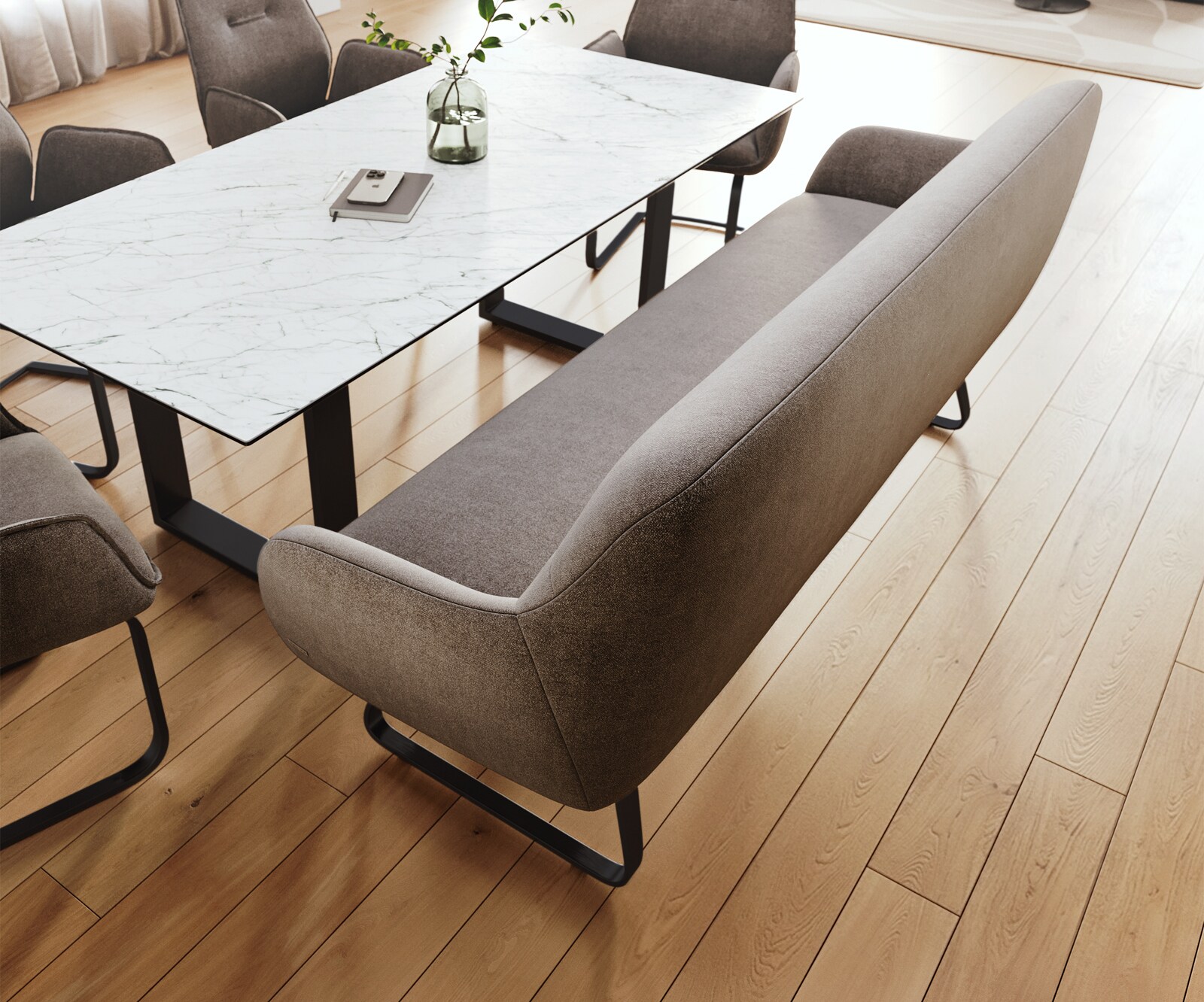 Banc-de-salle-à-manger Taya-Flex 200 cm tissu structuré doux taupe châssis à patins plat noir ressort ensaché 3