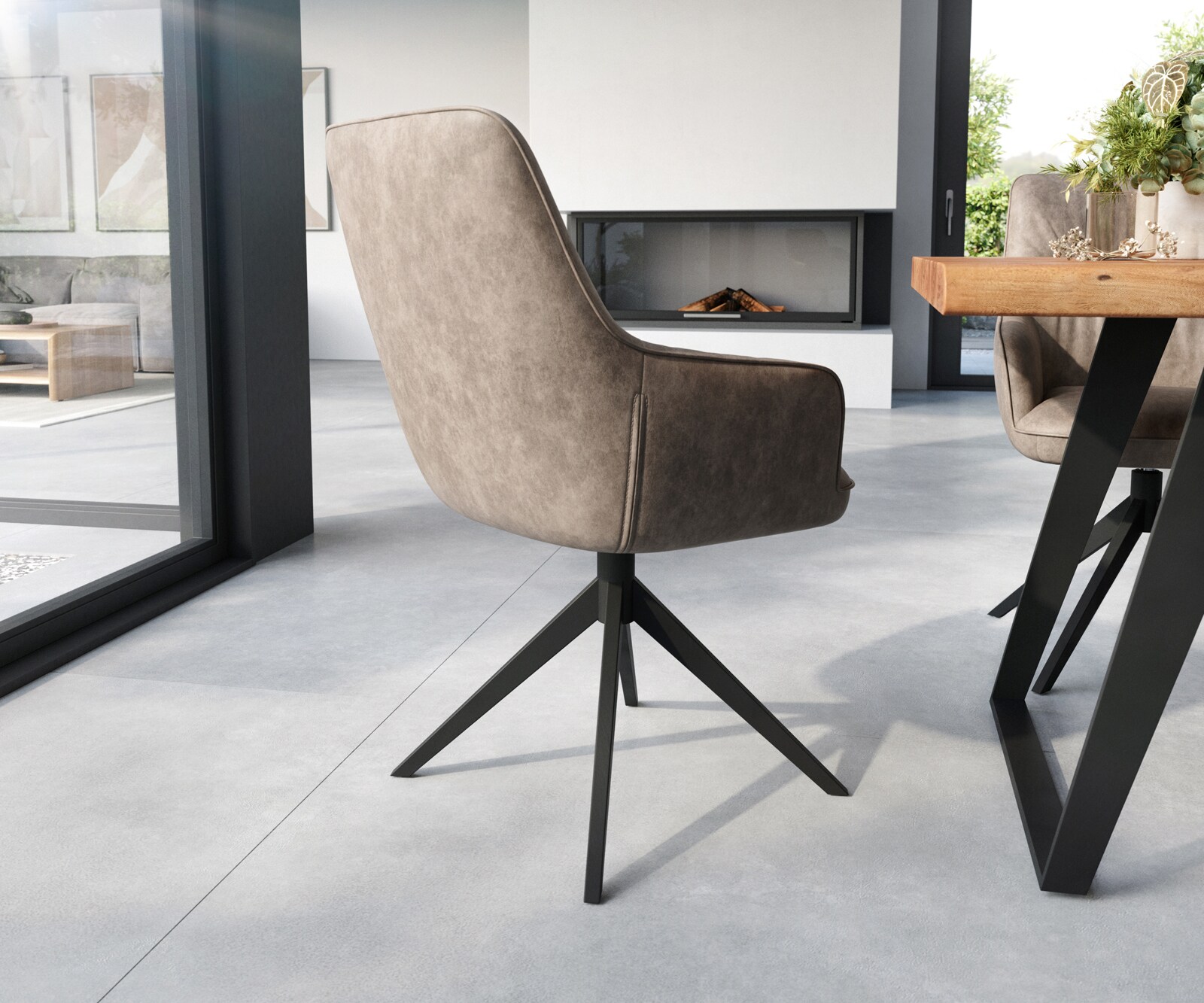 Chaise-de-salle-à-manger Zelia-Flex avec accoudoirs microvelours taupe vintage pied croisé large noir ressorts ensachés 4