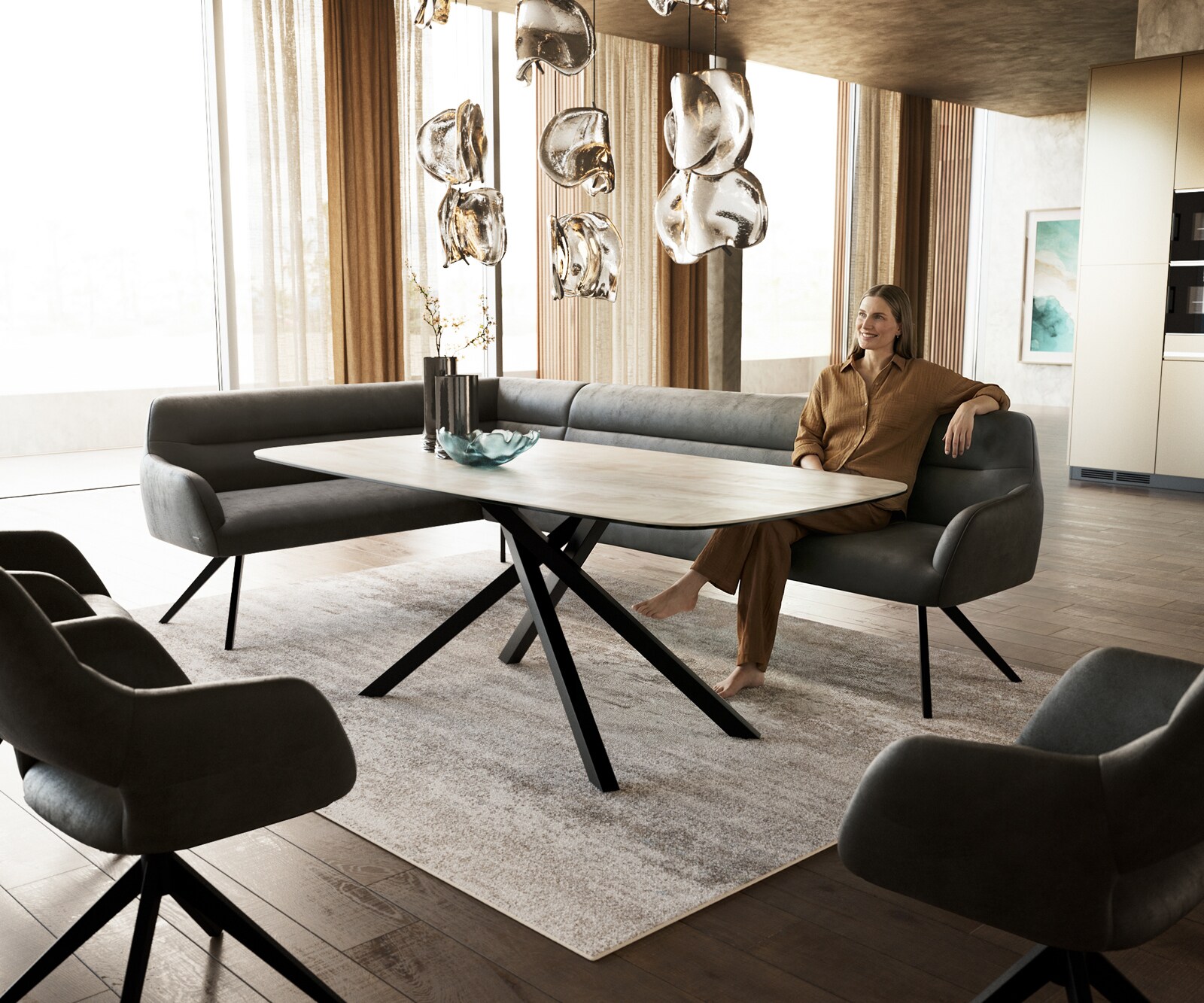 Banc-de-salle-à-manger Taya-Flex 285x190 cm microfibre antracite vintage pied croisé angulaire noir ressort ensaché à droite 1