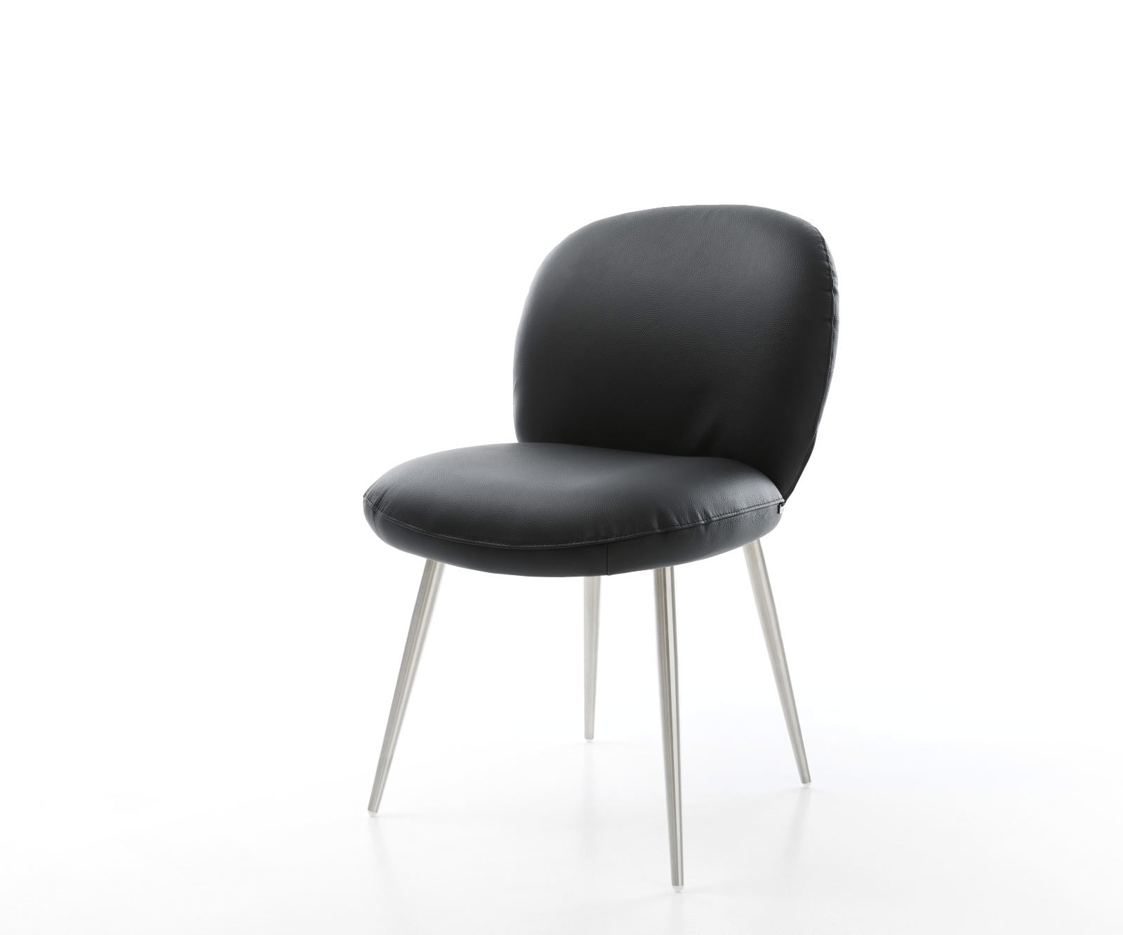 Chaise-de-salle-à-manger Nube-Flex cuir de vache noir 4 pieds coniques acier inoxydable brossé ressorts ensachés Chaise-de-salle-à-manger Nube-Flex cuir de vache noir 4 pieds coniques acier inoxydable brossé ressorts ensachés