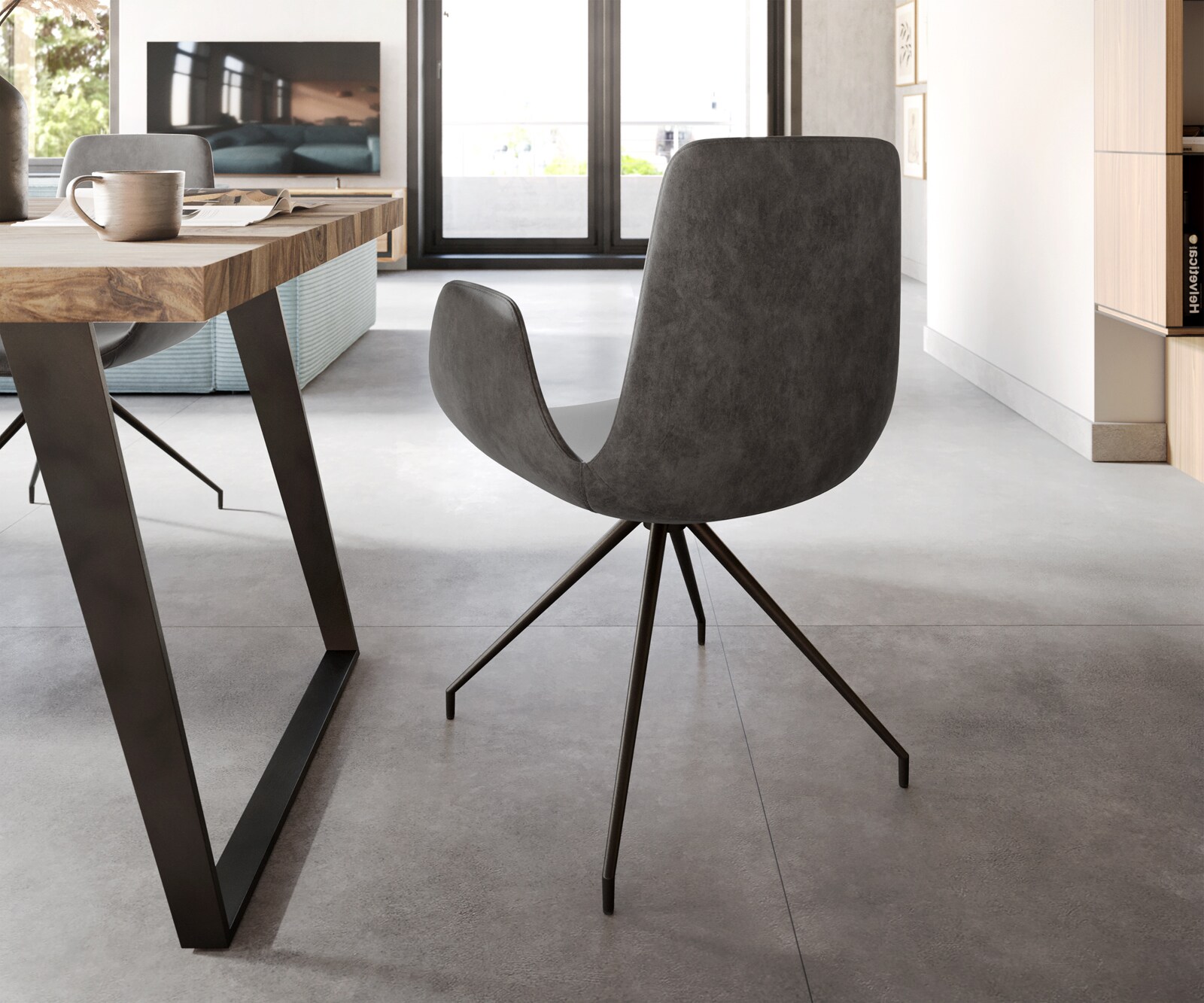 Chaise-de-salle-à-manger Ilia-Flex avec accoudoirs microvelours anthracite vintage pied croisé conique noir 4