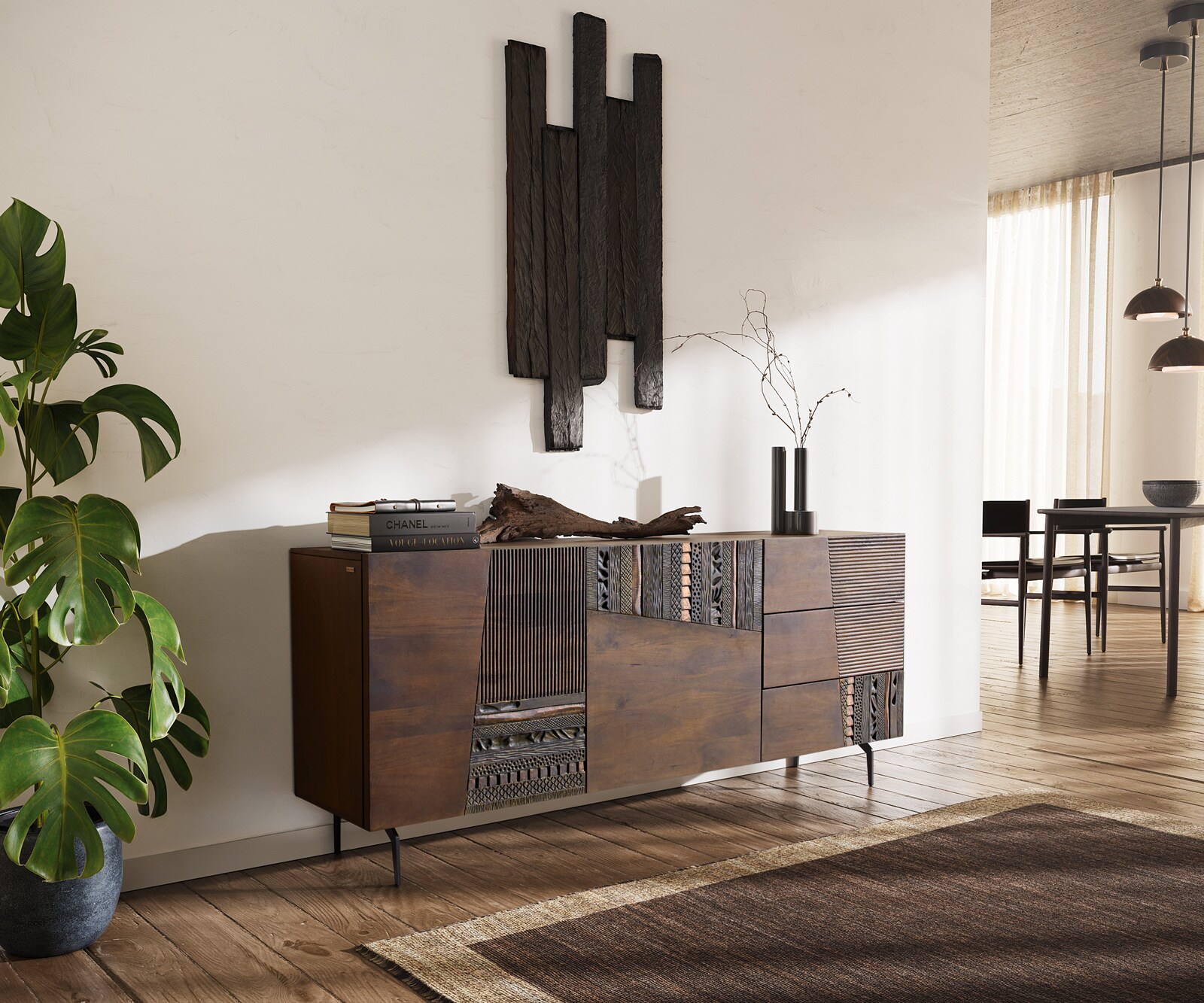 Buffet Imara 175 cm, couleur mangue, 2 portes, 3 tiroirs, pieds en angle en métal noir 1