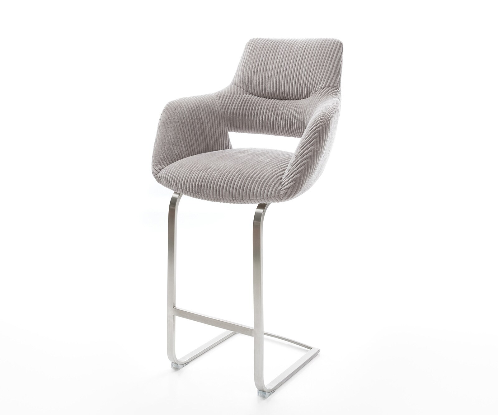 Chaise-de-bar Yago-Flex velours côtelé Gris argenté Piétement luge plat Acier inoxydable Ressorts ensachés