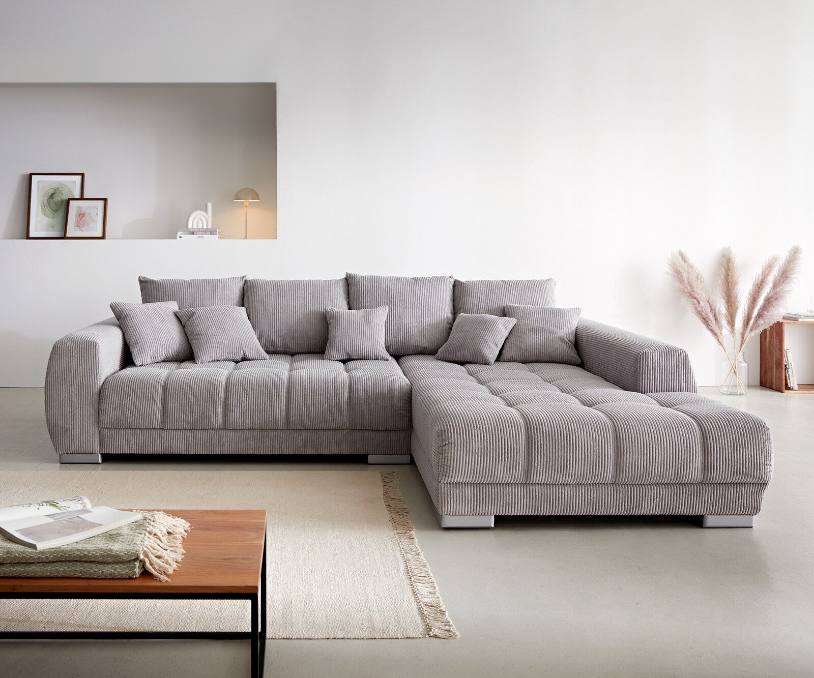 Canapé-d'angle Josea 300x220 cm velours côtelé gris argenté méridiènne droite 1 Canapé-d'angle Josea 300x220 cm velours côtelé gris argenté méridiènne droite 1