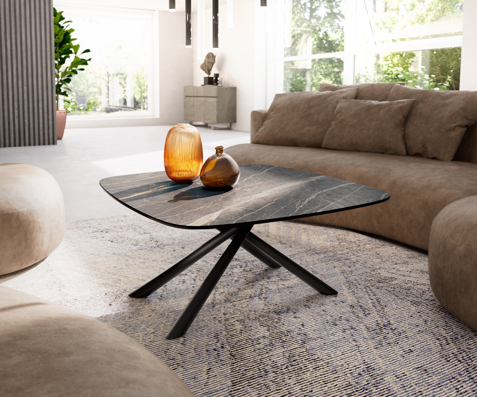 Table basse Edge Boot 90x90 cm céramique Laminam® Noir Desir brun Sarity métal noir 1