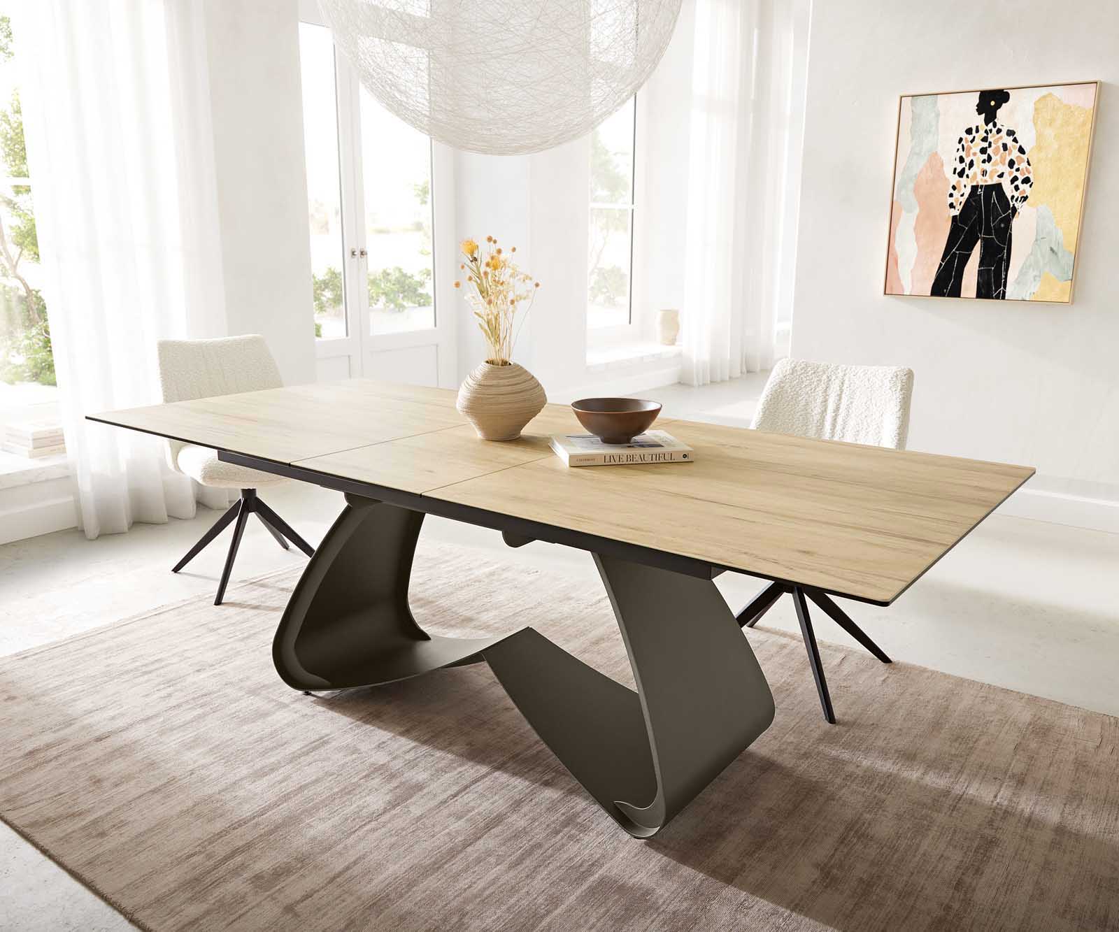 Table à manger Edge 180-220x100 Céramique Laminam® Sabbia Couleur chêne cadre en W Effet Titane Extensible 1