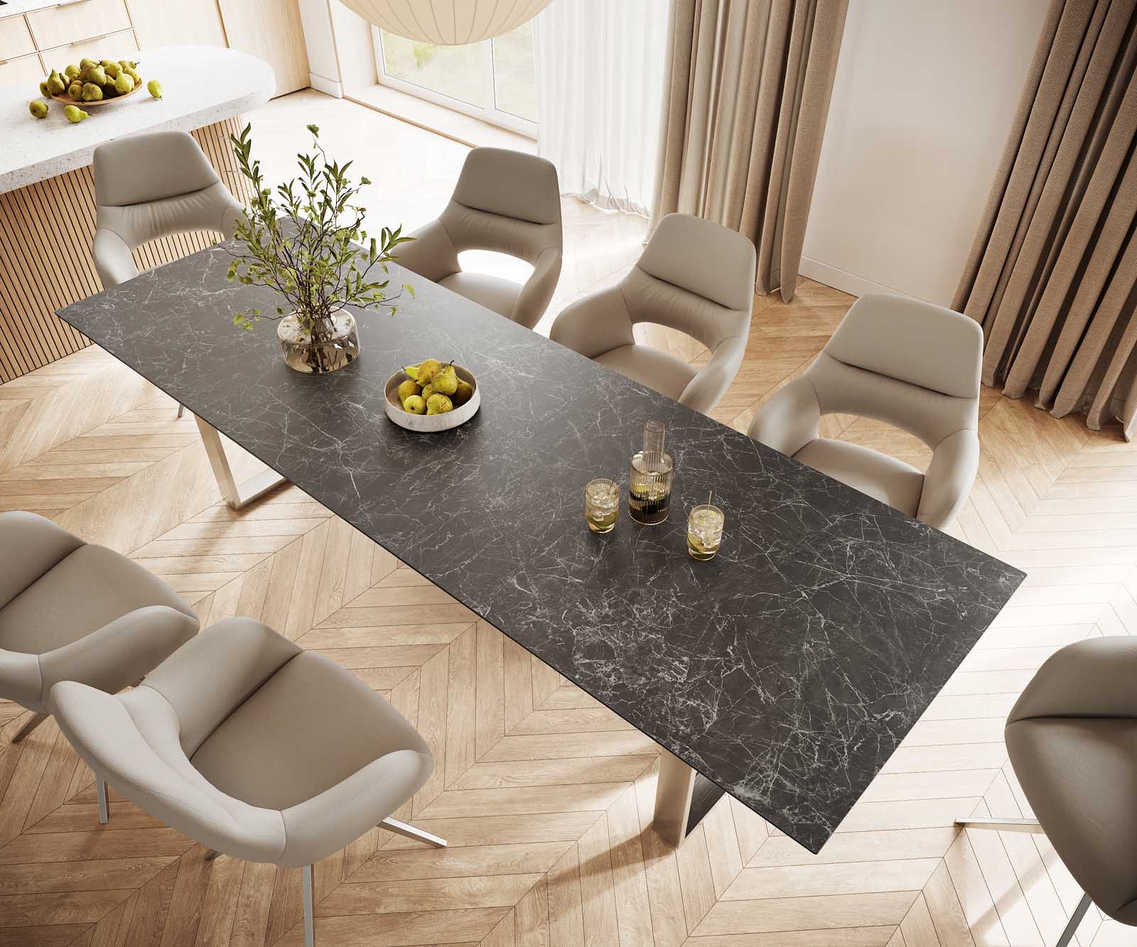 Table-à-manger Edge 300x100 céramique Laminam® nero greco gris inox étroit 3