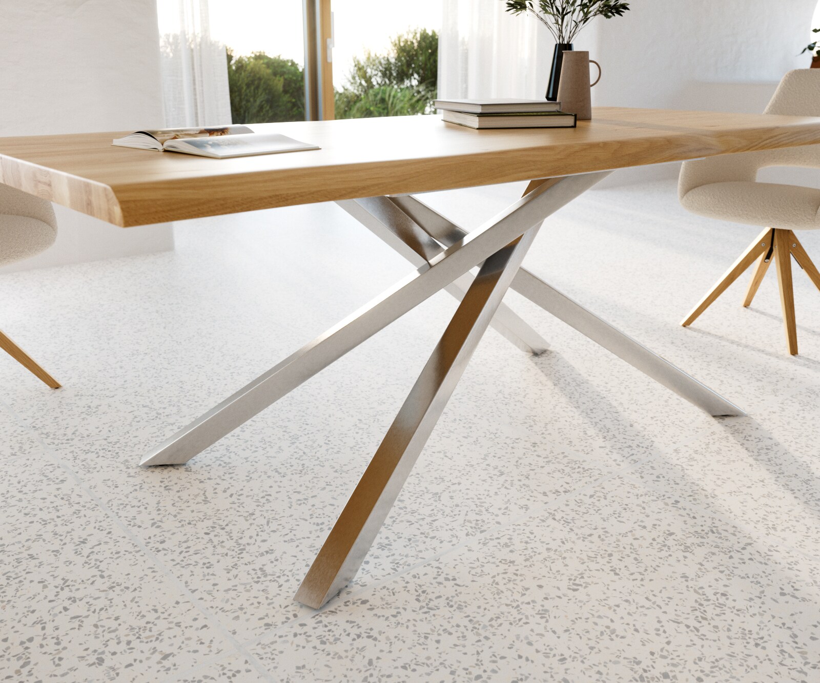 Table à manger Edge 200x100 chêne nature cadre croisé rectangle acier inoxydable Live-Edge laqué 5 Table à manger Edge 200x100 chêne nature cadre croisé rectangle acier inoxydable Live-Edge laqué 5