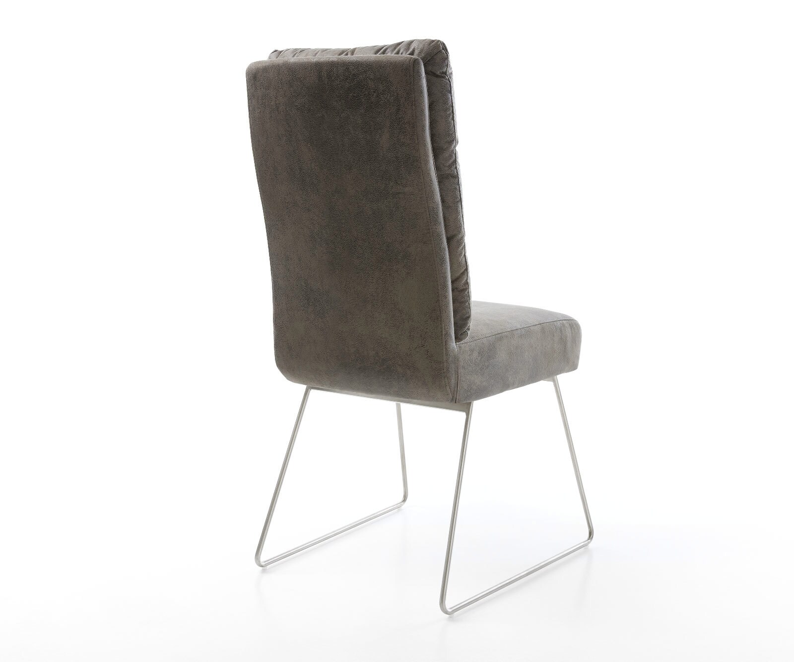 Chaise-de-salle-à-manger Pela-Flex microvelours gris antique pied trapèze acier inoxydable brossé ressorts ensachés 4 Chaise-de-salle-à-manger Pela-Flex microvelours gris antique pied trapèze acier inoxydable brossé ressorts ensachés 4
