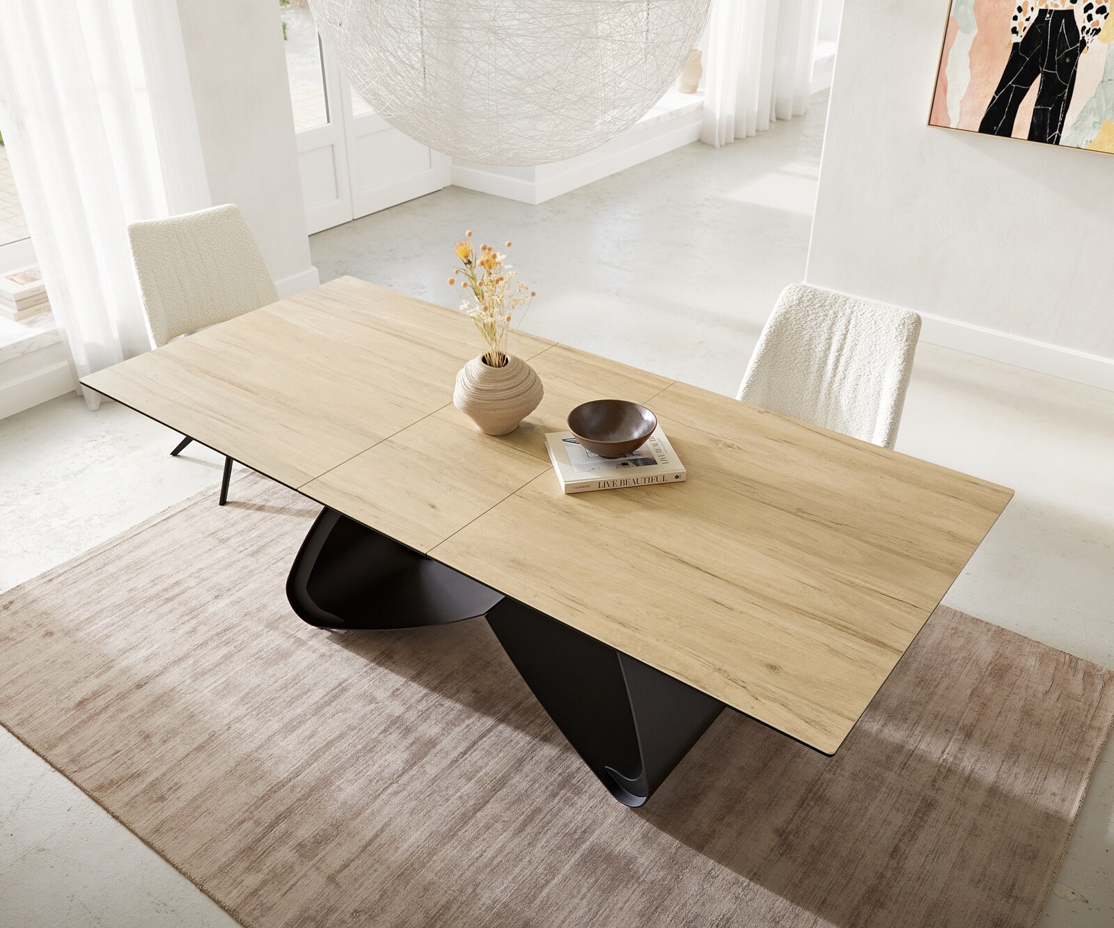 Table à manger Edge 180-220x100 céramique Laminam® Sabbia couleur chêne cadre en W noir extensible 3