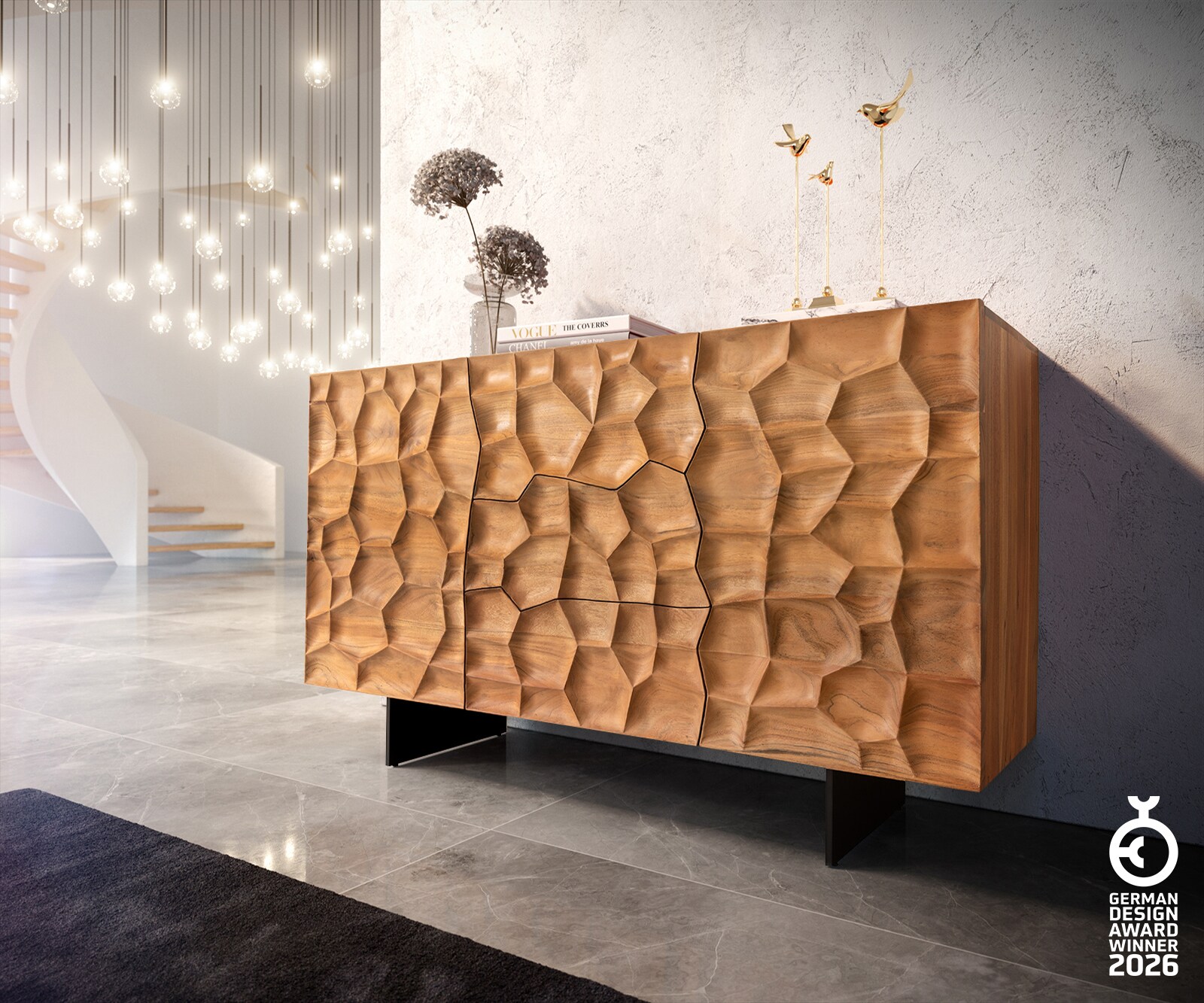 Buffet Solu 145 cm acacia naturel 2 portes 3 tiroirs pied flottant métal noir façade 3D
