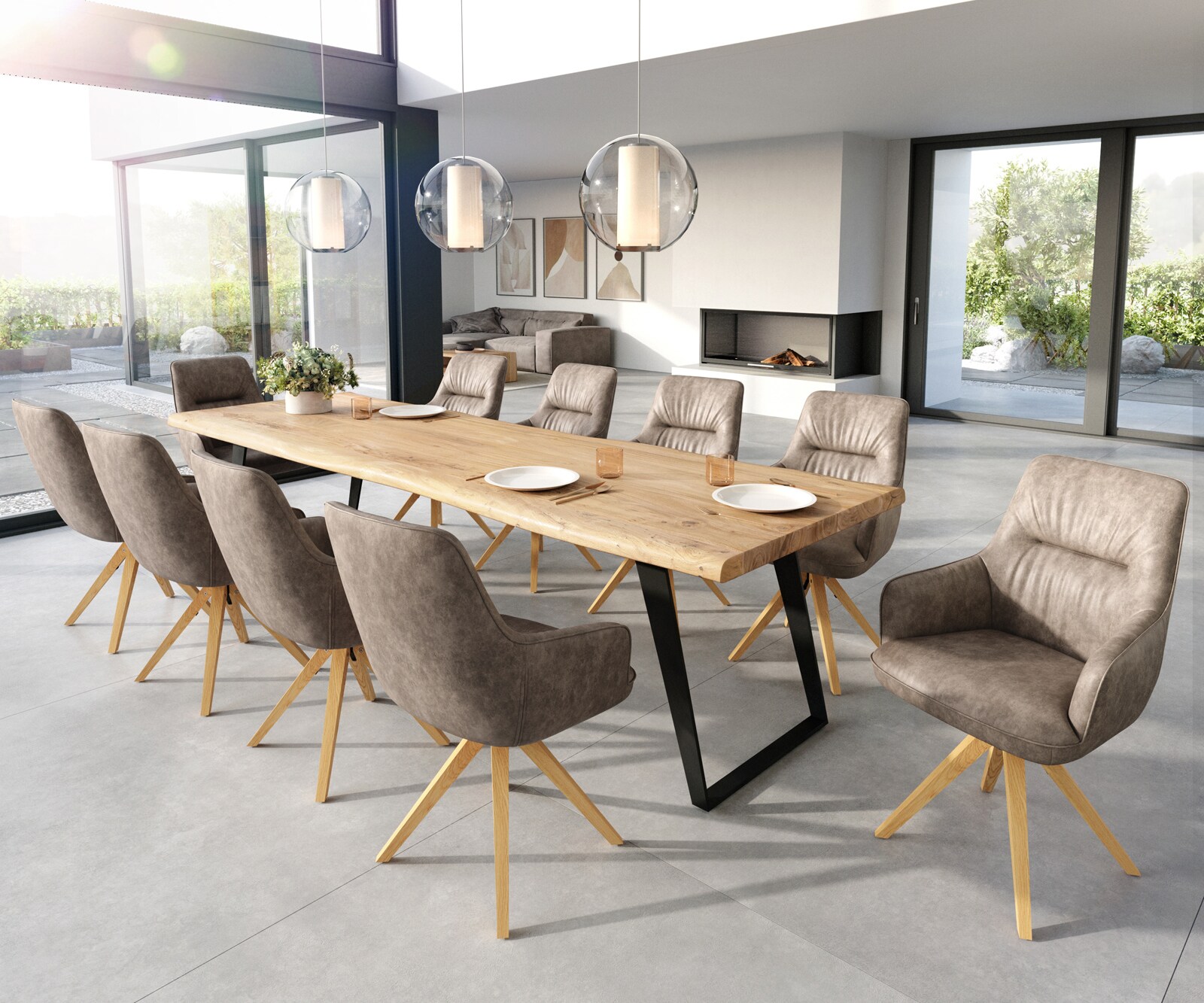 Chaise-de-salle-à-manger Zelia-Flex avec accoudoirs microvelours taupe vintage pied en bois angulaire naturel ressorts ensachés 3