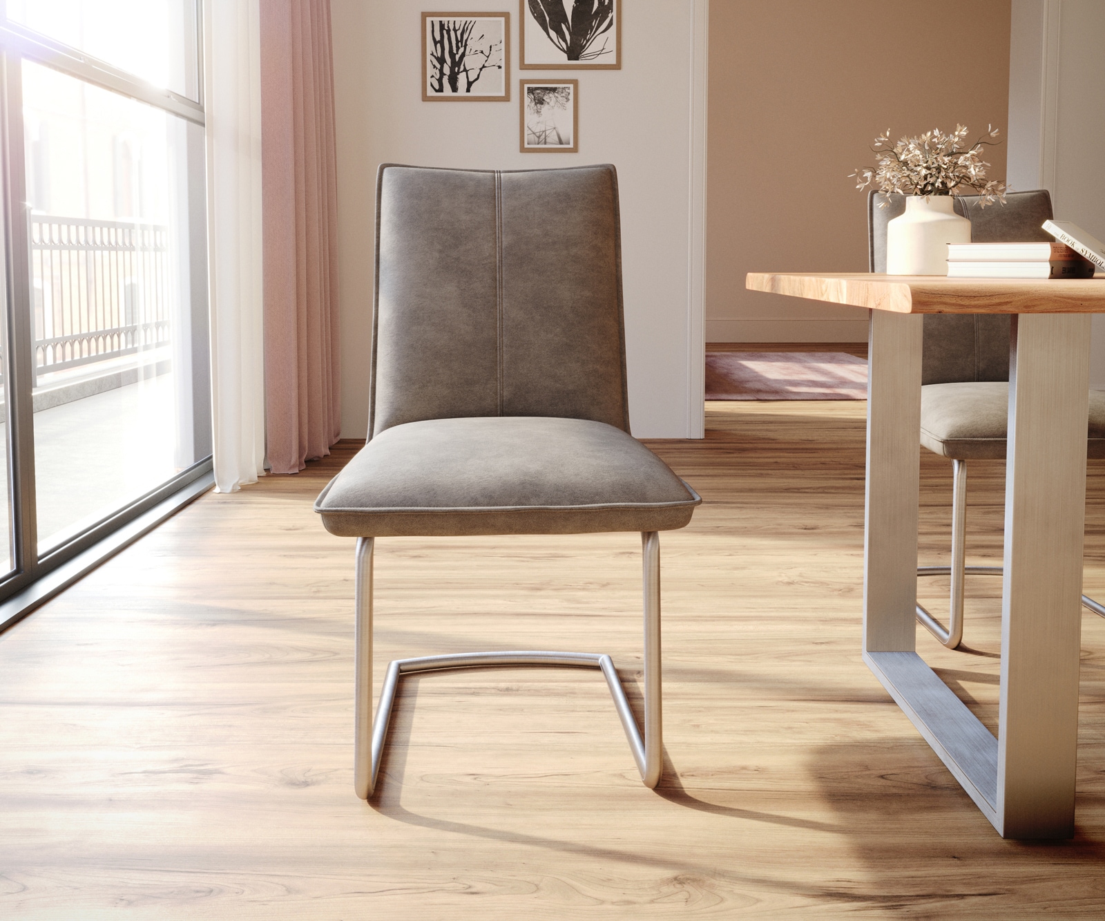 Cantilever Lelio-Flex microvelours taupe vintage pied cantilever rond acier inoxydable brossé ressorts ensachés 1 Cantilever Lelio-Flex microvelours taupe vintage pied cantilever rond acier inoxydable brossé ressorts ensachés 1