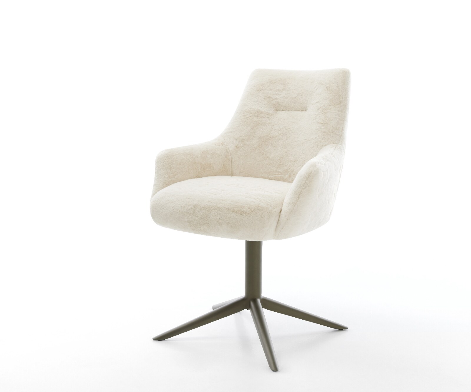 Chaise-pivotante Alja-Flex avec accoudoirs peluche crème-blanc pied de chaise 4 branches aspect titane pivotement sur 360° fonction bascule resorts ensachés