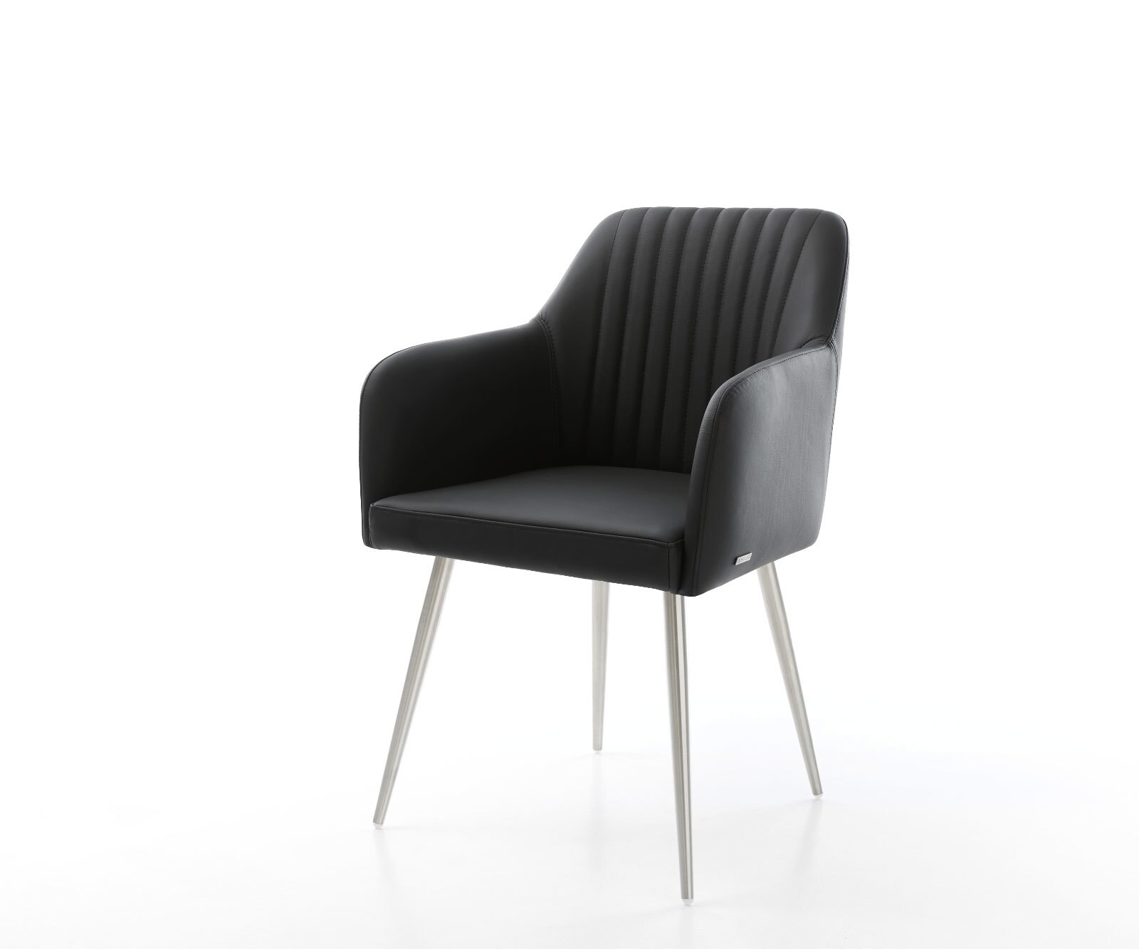 Chaise-de-salle-à-manger Greg-Flex cuir de vache noir 4 pieds coniques acier inoxydable brossé ressorts ensachés 1